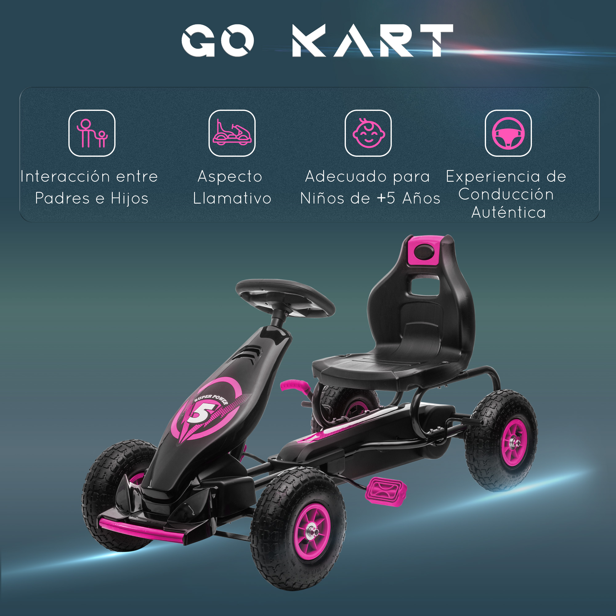 Go-kart negro y rosa. Incluye interacción padres-hijos y experiencia de conducción auténtica.