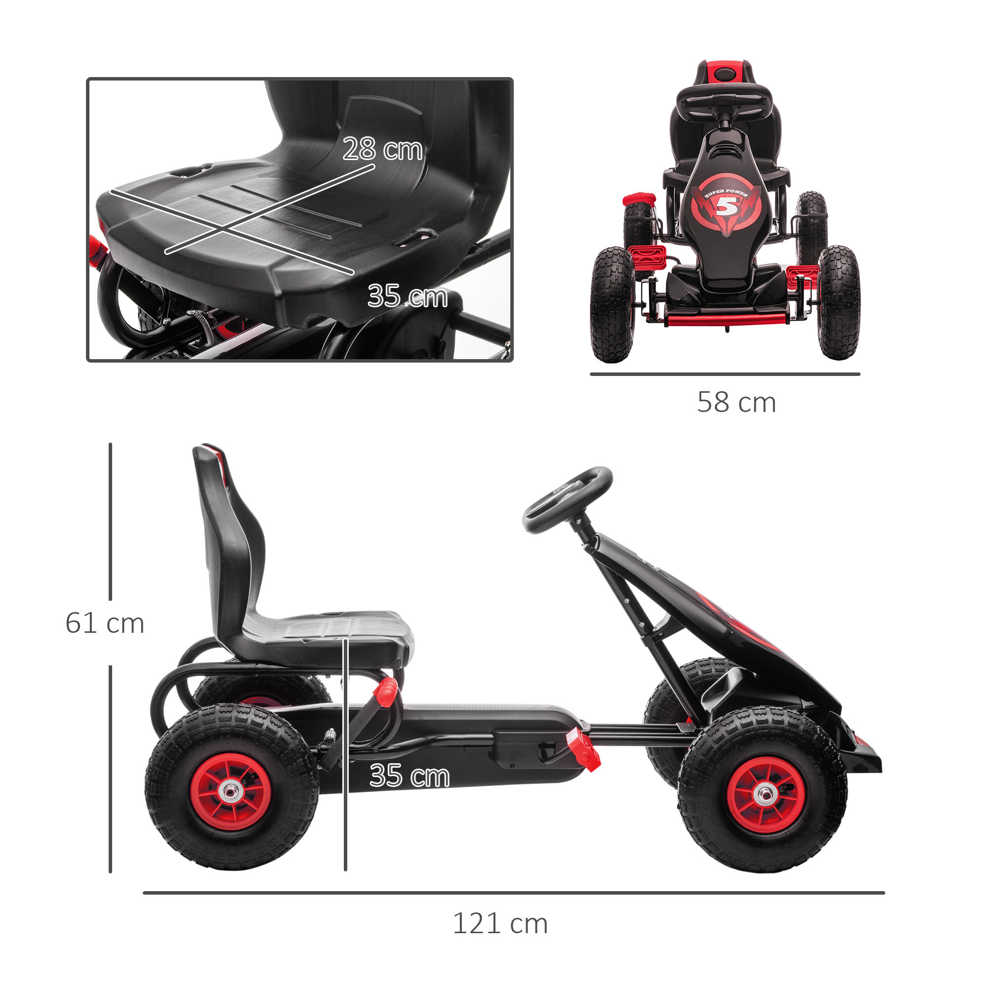 Go-kart negro y rojo con dimensiones etiquetadas sobre fondo blanco. Incluye asiento, ruedas y marco.