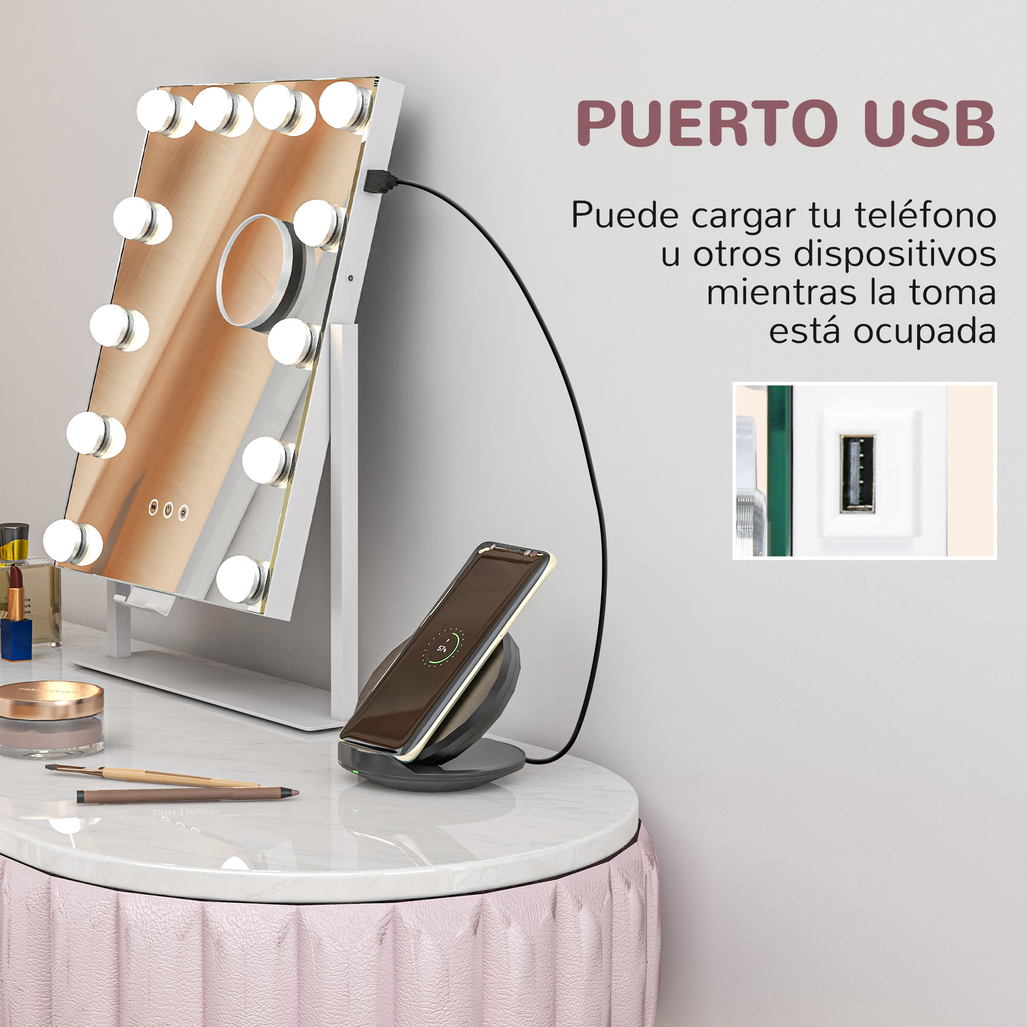 Tocador con espejo e luces, teléfono cargando inalámbricamente y maquillaje.