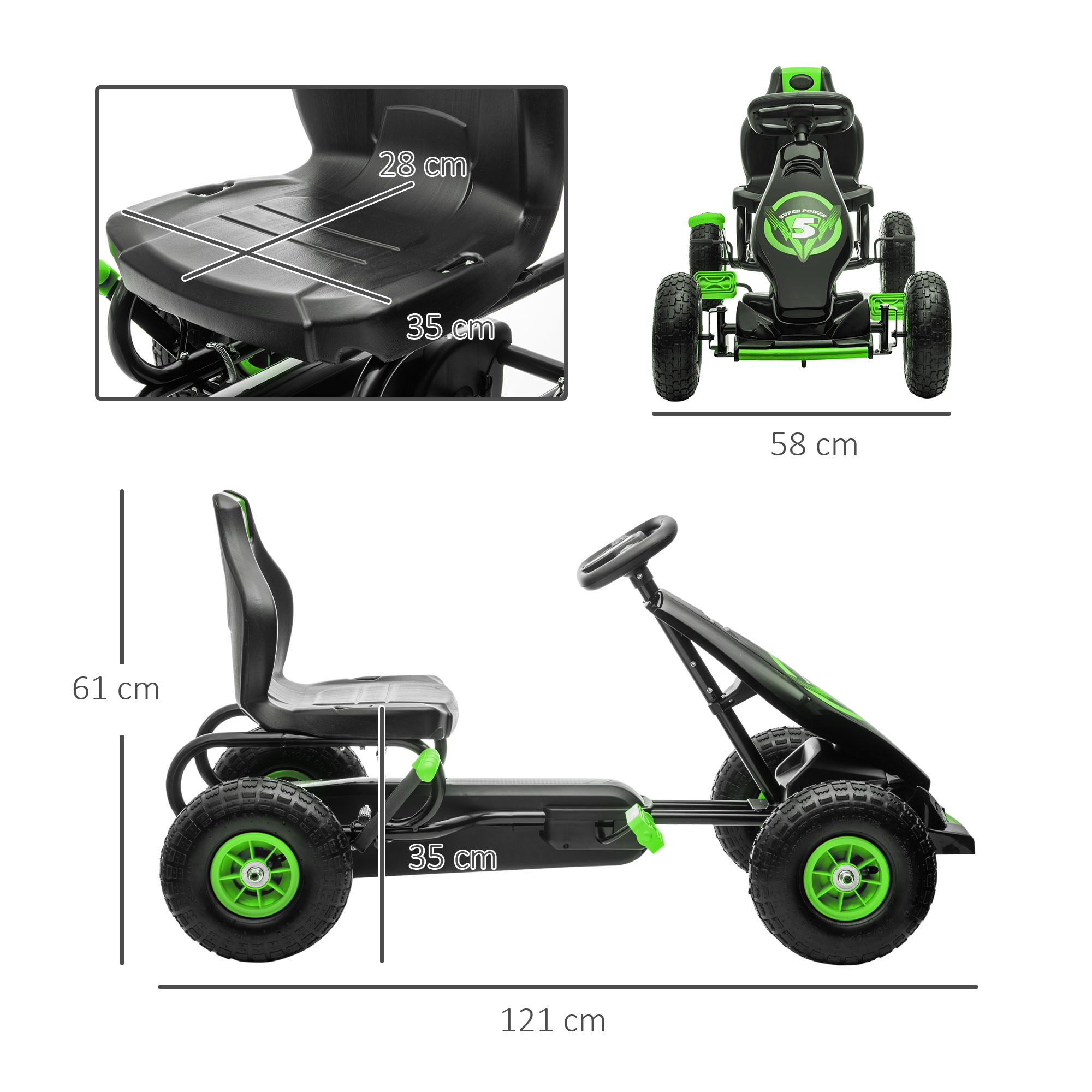 Go-kart negro y verde con medidas: asiento 35x28 cm, altura 61cm, largo 121cm.