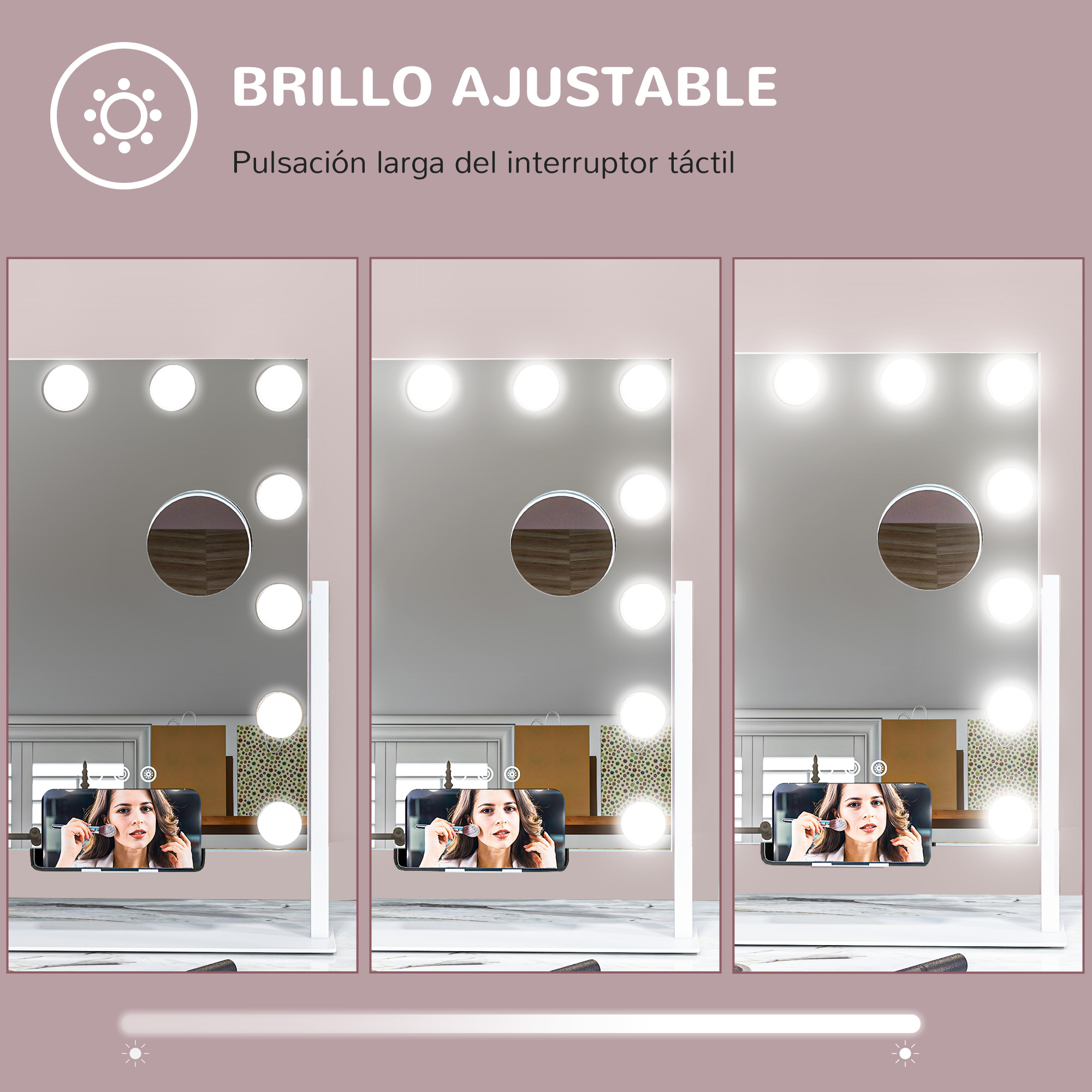 Imágenes muestran un espejo de maquillaje con brillo ajustable. El espejo tiene luces y un soporte para teléfono.