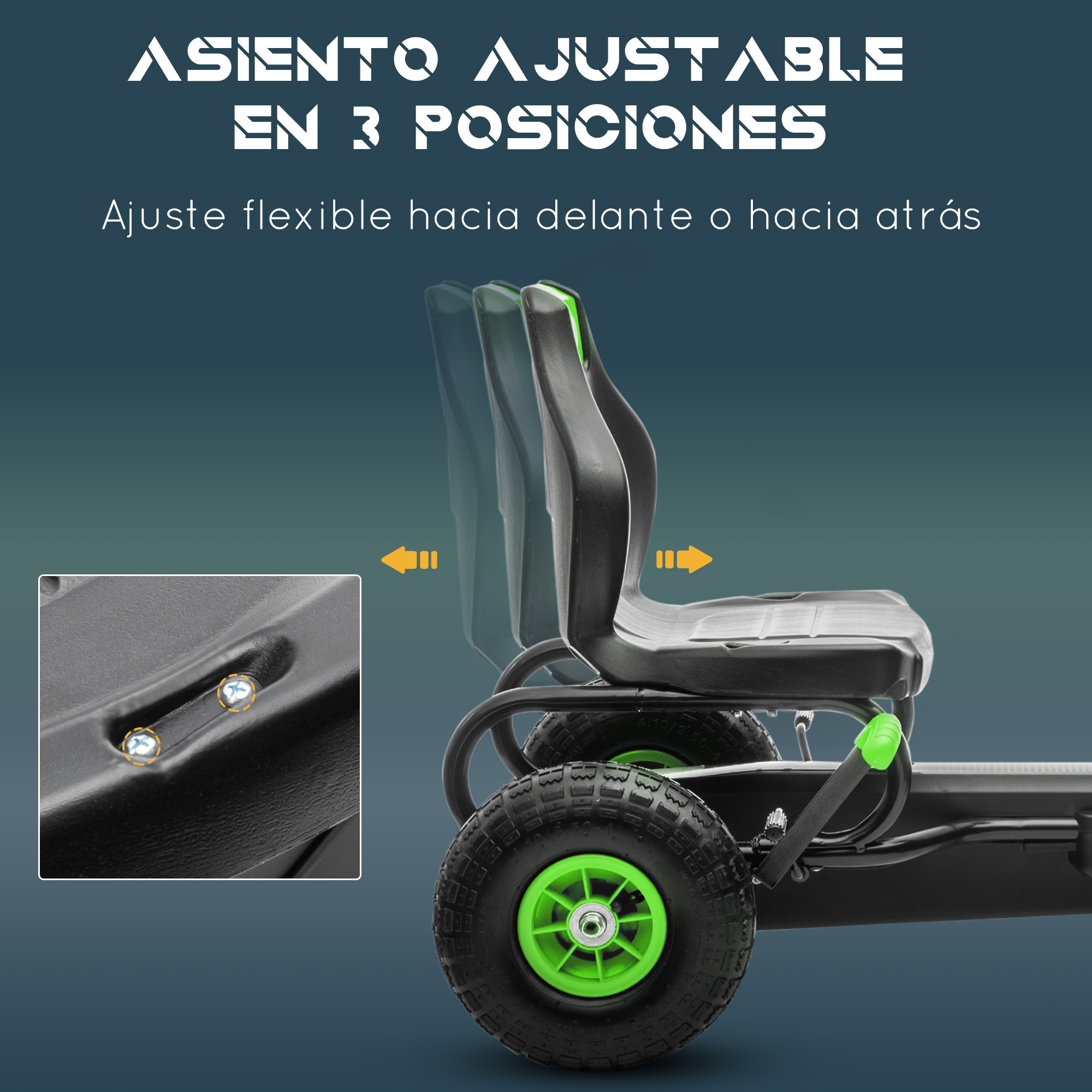 Asiento negro y verde. Texto: ASIENTO AJUSTABLE EN 3 POSICIONES.