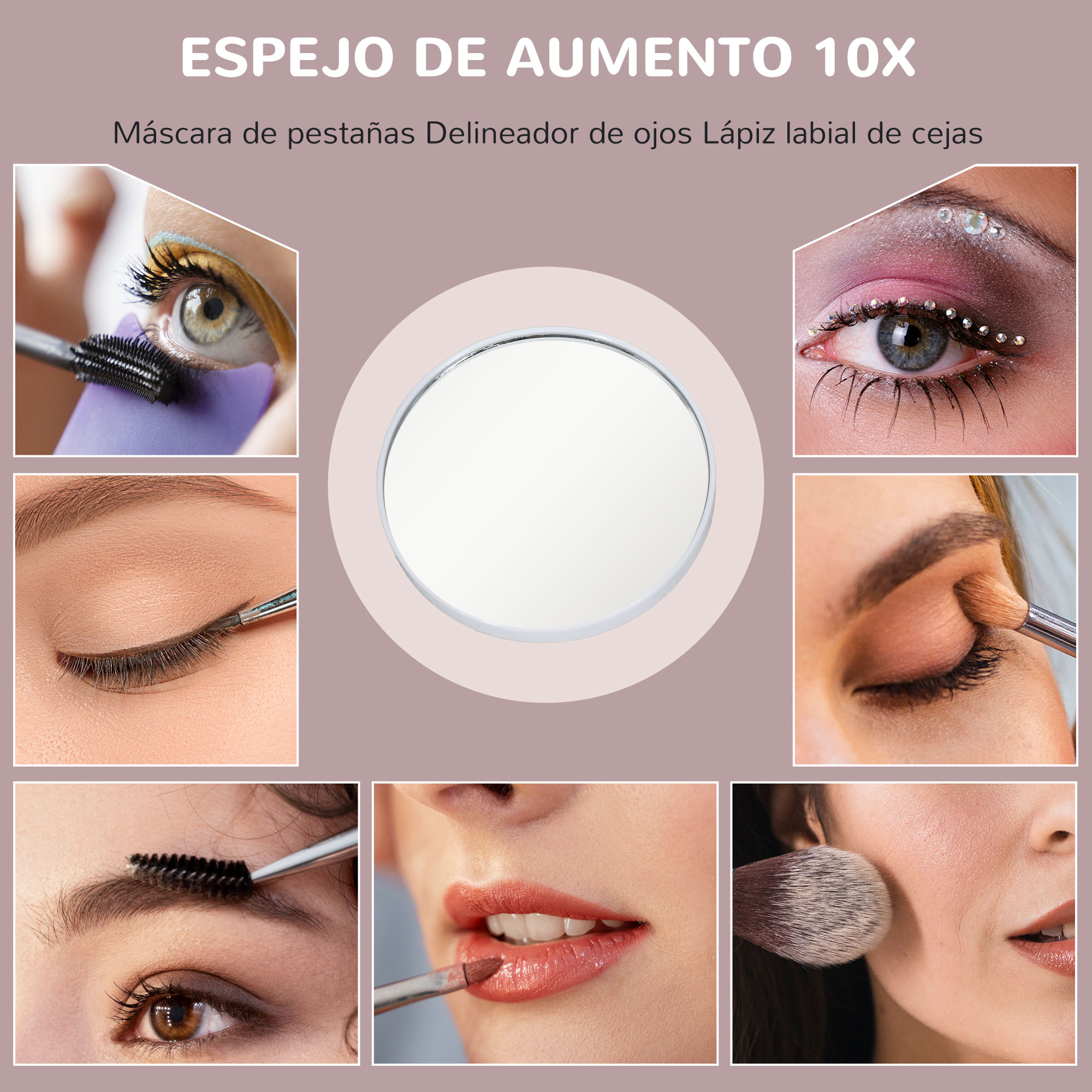 Espejo de maquillaje con imágenes que muestran la aplicación de maquillaje de ojos, brillo labial y cuidado de cejas.
