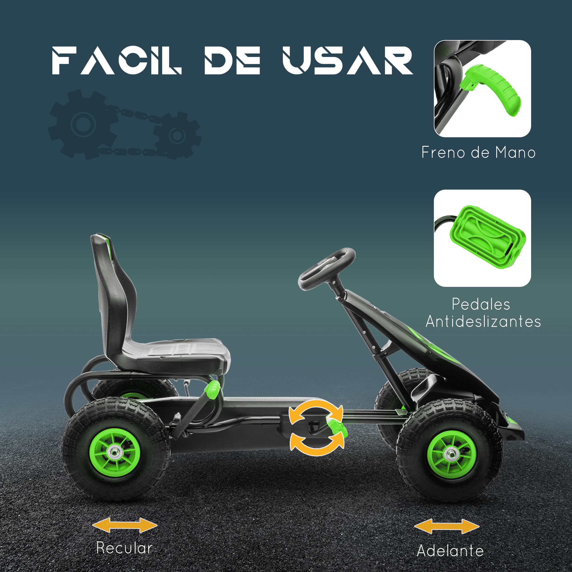 Go-kart negro y verde. Incluye freno de mano, pedales antideslizantes y flechas de avance/retroceso.