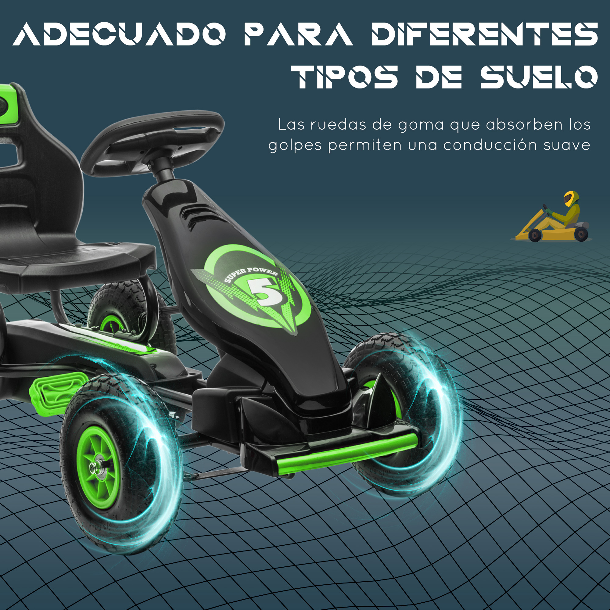 Kart negro con acentos verdes y ruedas brillantes. Texto: 'Adecuado para diferentes tipos de suelo'.