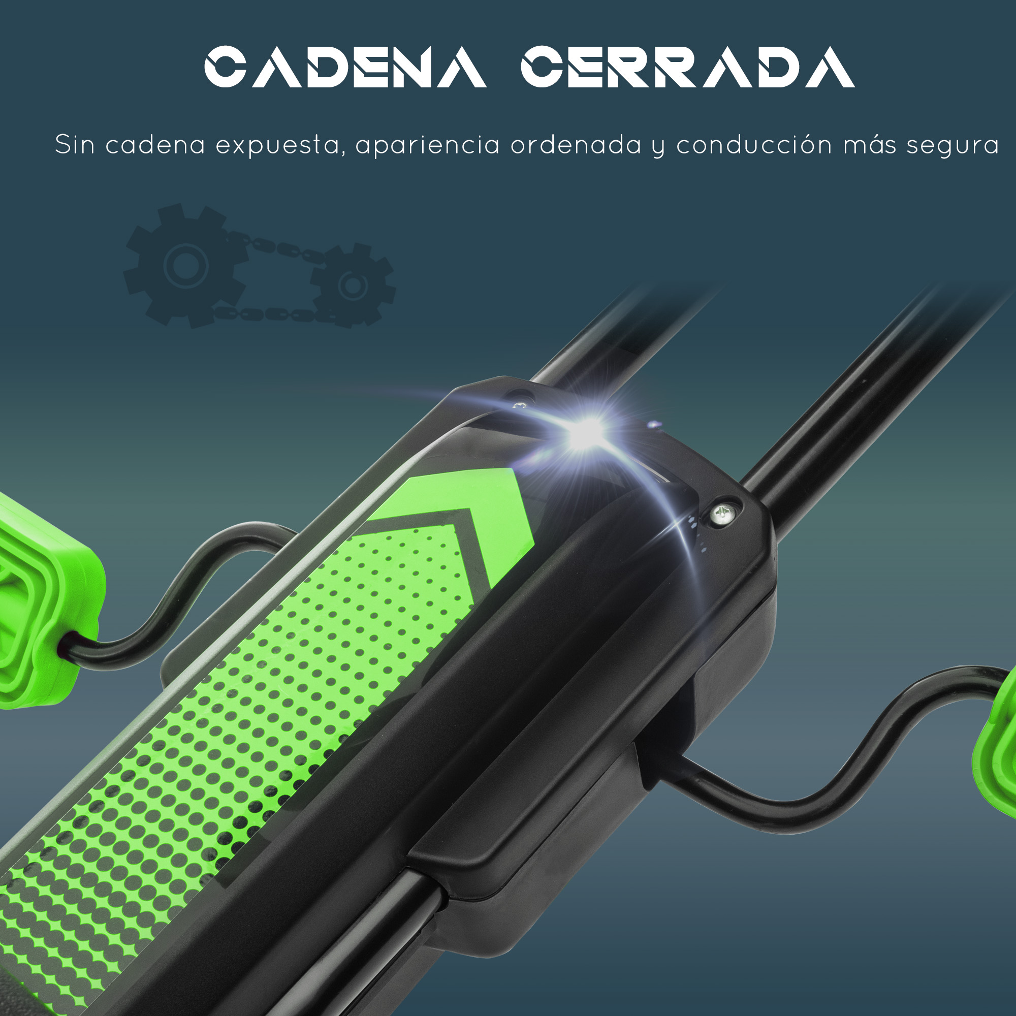 Primer plano de un scooter negro y verde con texto en español.