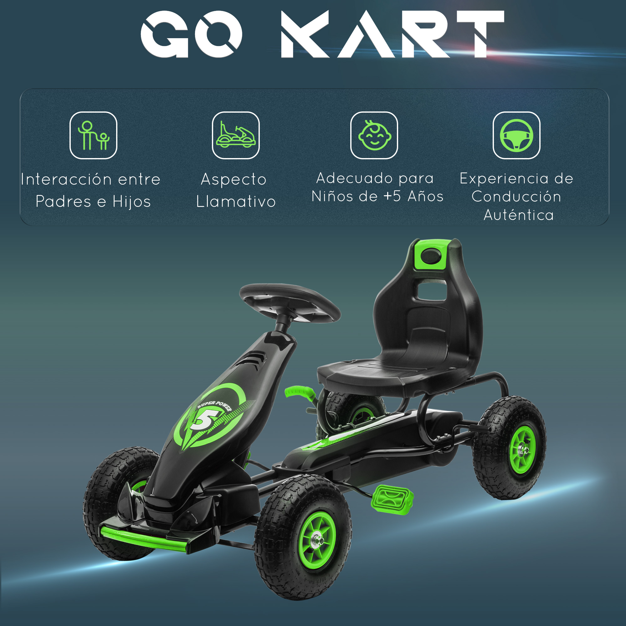 Un go-kart negro y verde con cuatro ruedas. El texto en la imagen resalta las características y dice GO KART arriba.