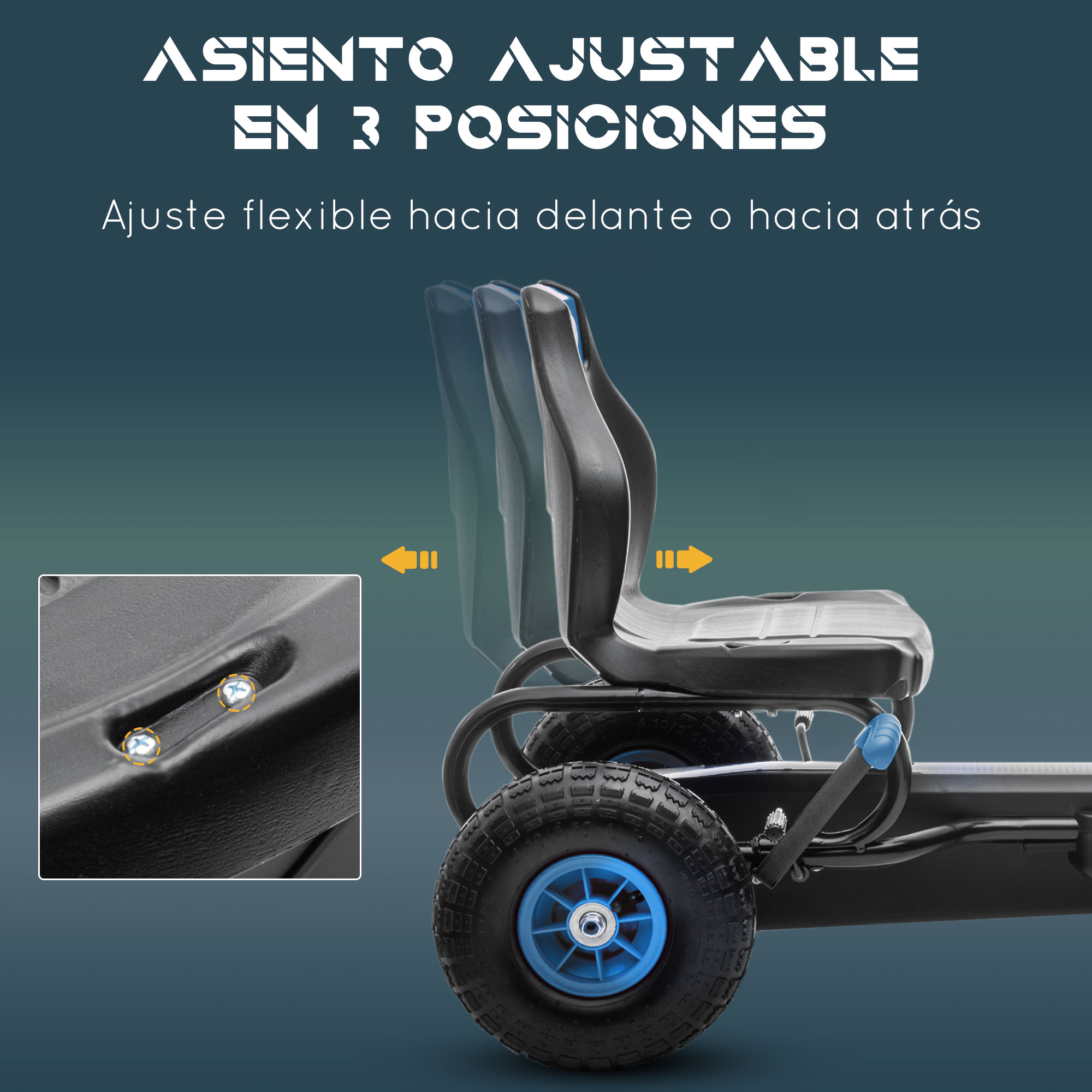 Asiento ajustable negro y azul en un kart, mostrando tres posiciones.