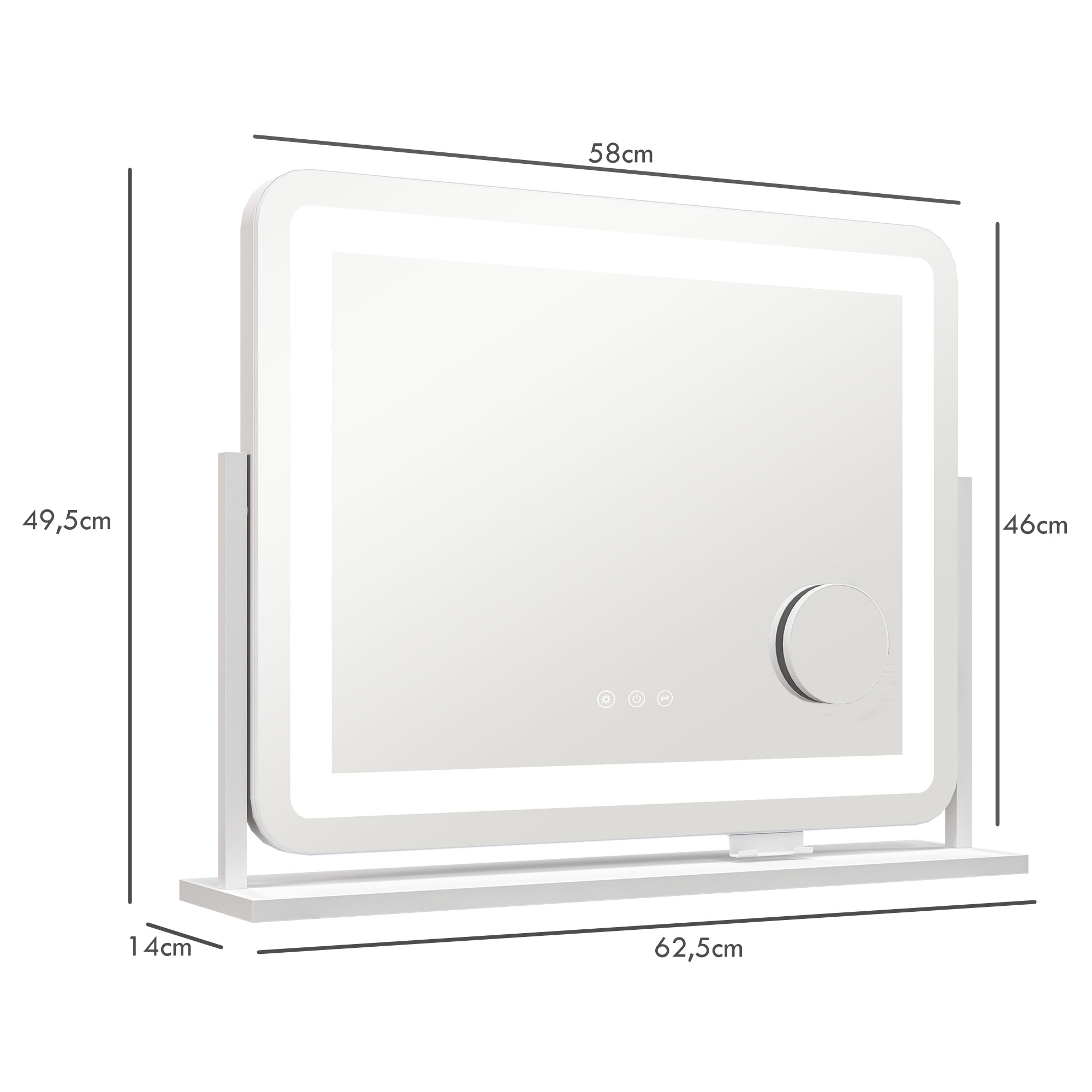 Un espejo rectangular blanco con un marco claro, se muestran las dimensiones y un panel de control circular visible.