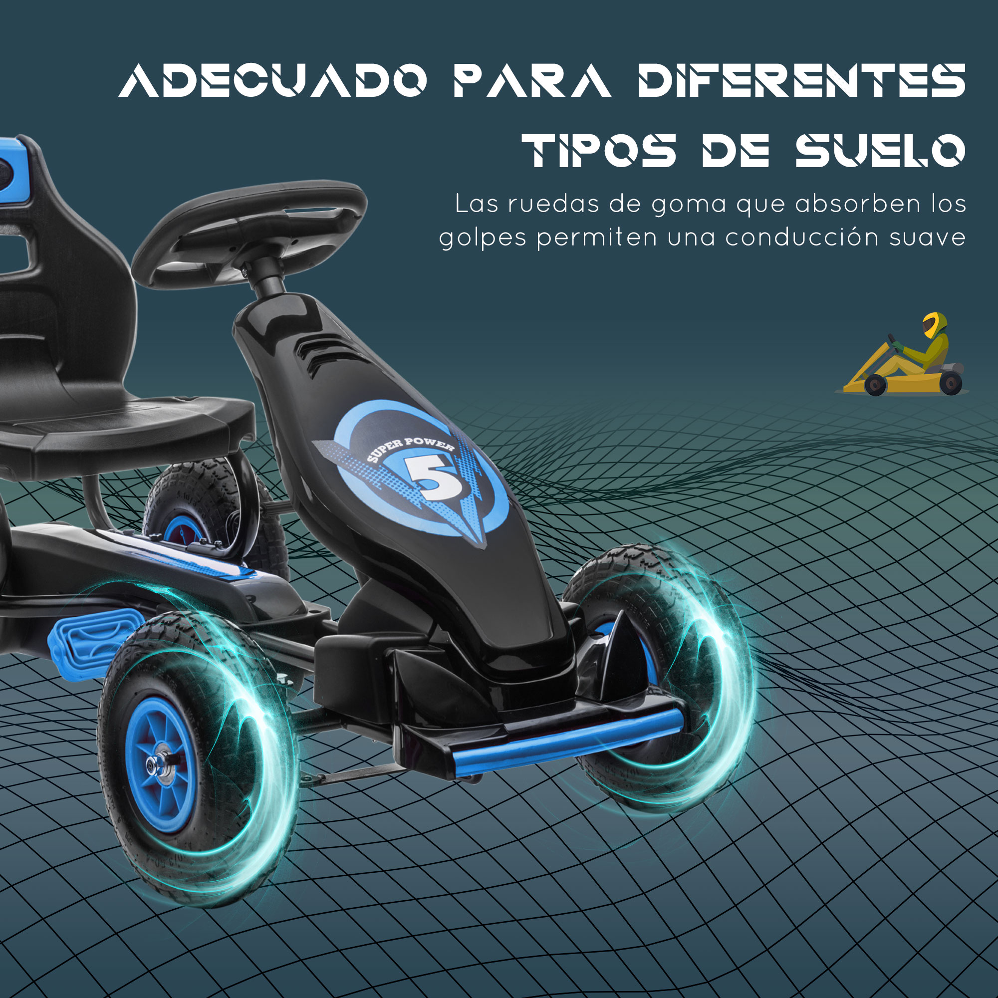 Go-kart negro con detalles azules, ruedas brillantes y texto sobre idoneidad del suelo, en un entorno azul.