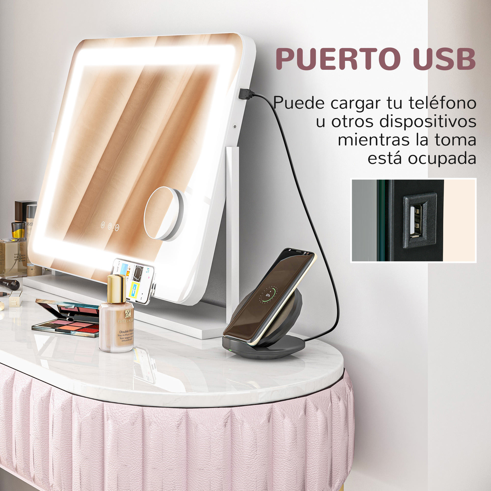 Espejo de tocador con puerto USB. Espejo con luces y soporte de carga de teléfono en una mesa. Dice puerto USB.