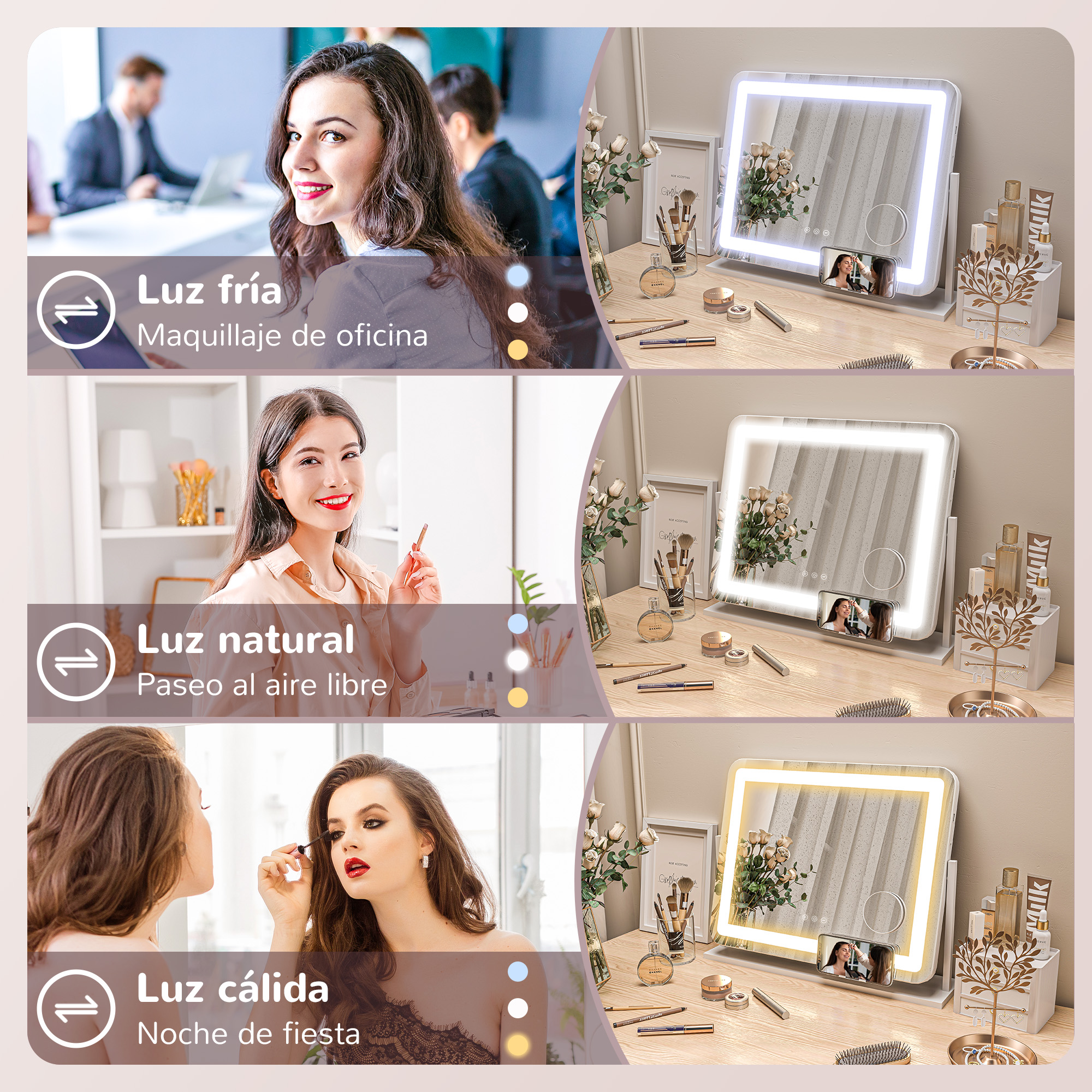 Tres imágenes que muestran a una mujer con diferentes configuraciones de maquillaje. Se muestran luz fría, luz natural y luz cálida.