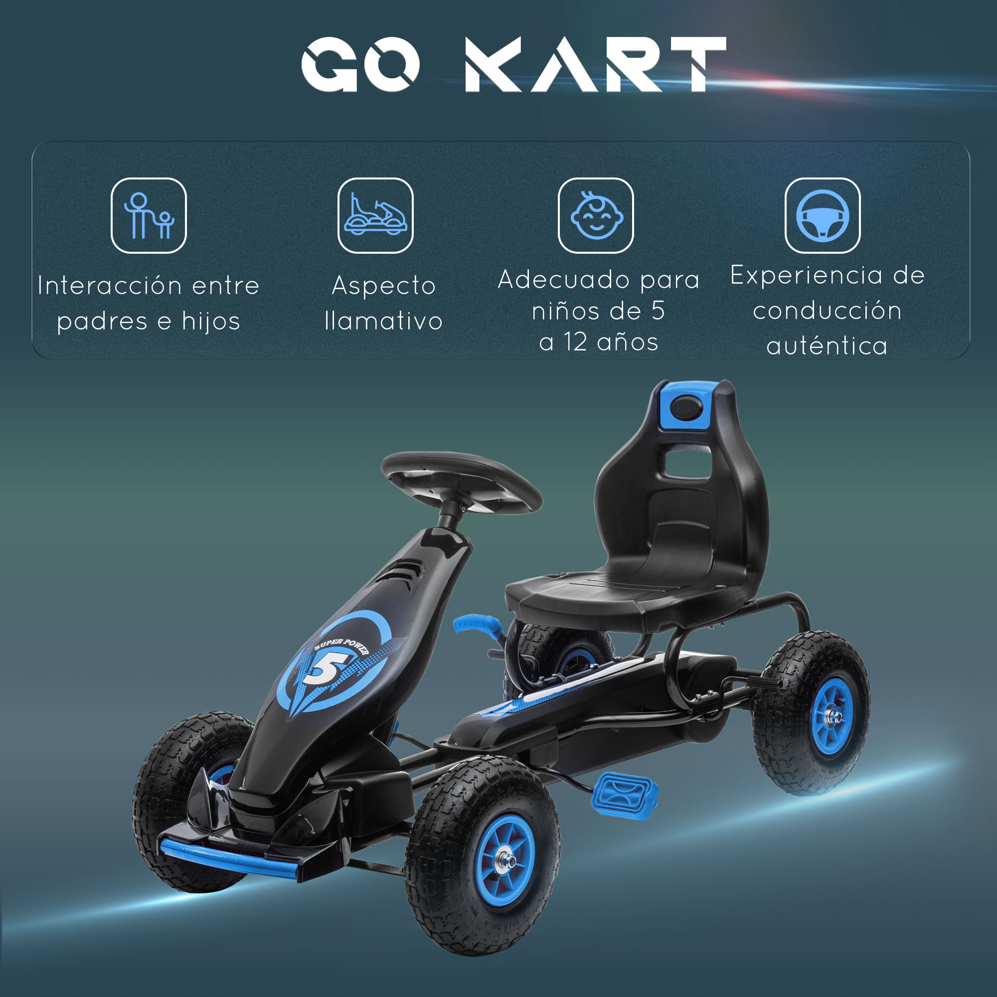 Kart negro y azul. Texto: Interacción entre padres e hijos, aspecto atractivo.