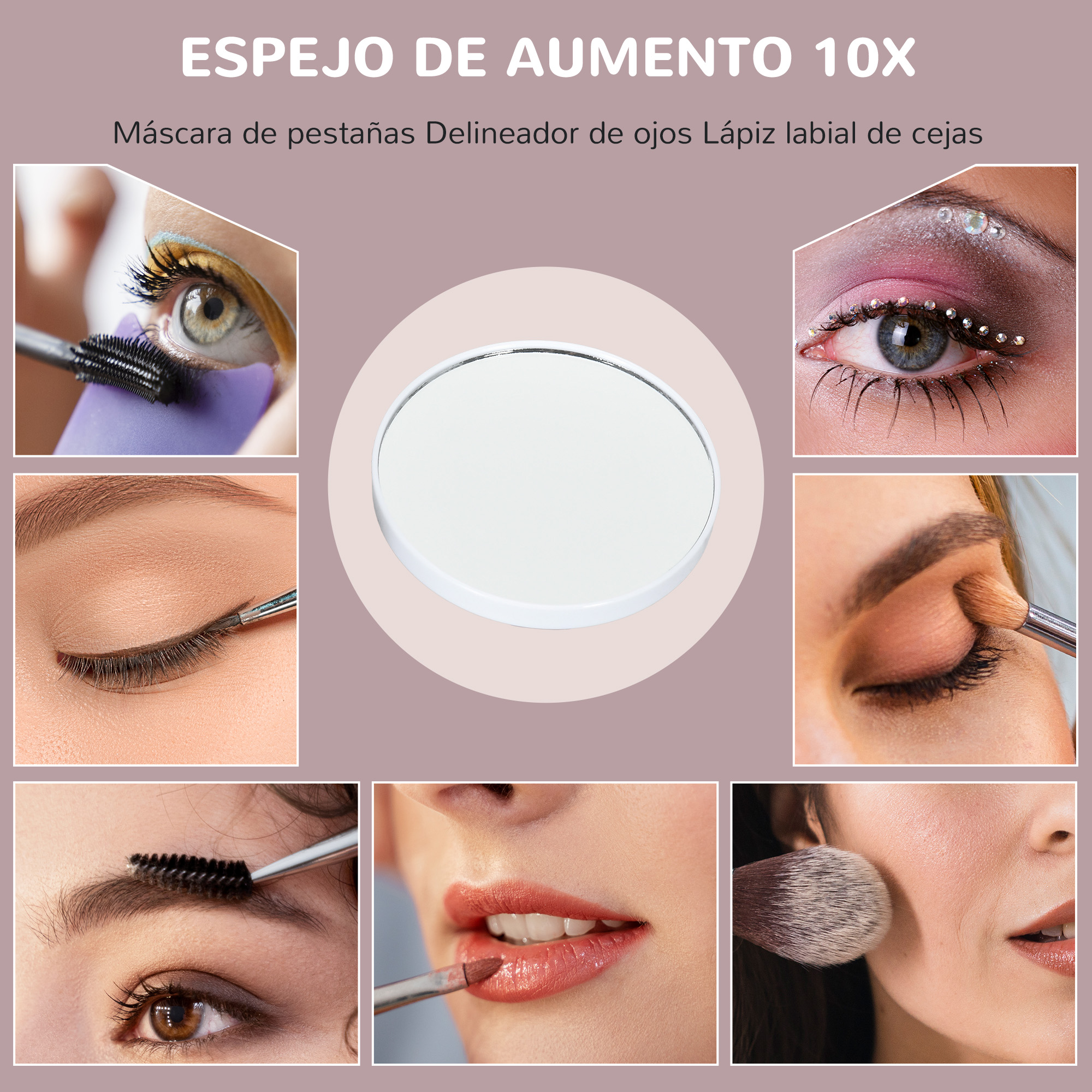 Primeros planos de la aplicación de maquillaje: máscara de pestañas, delineador, lápiz labial, cejas, rubor.