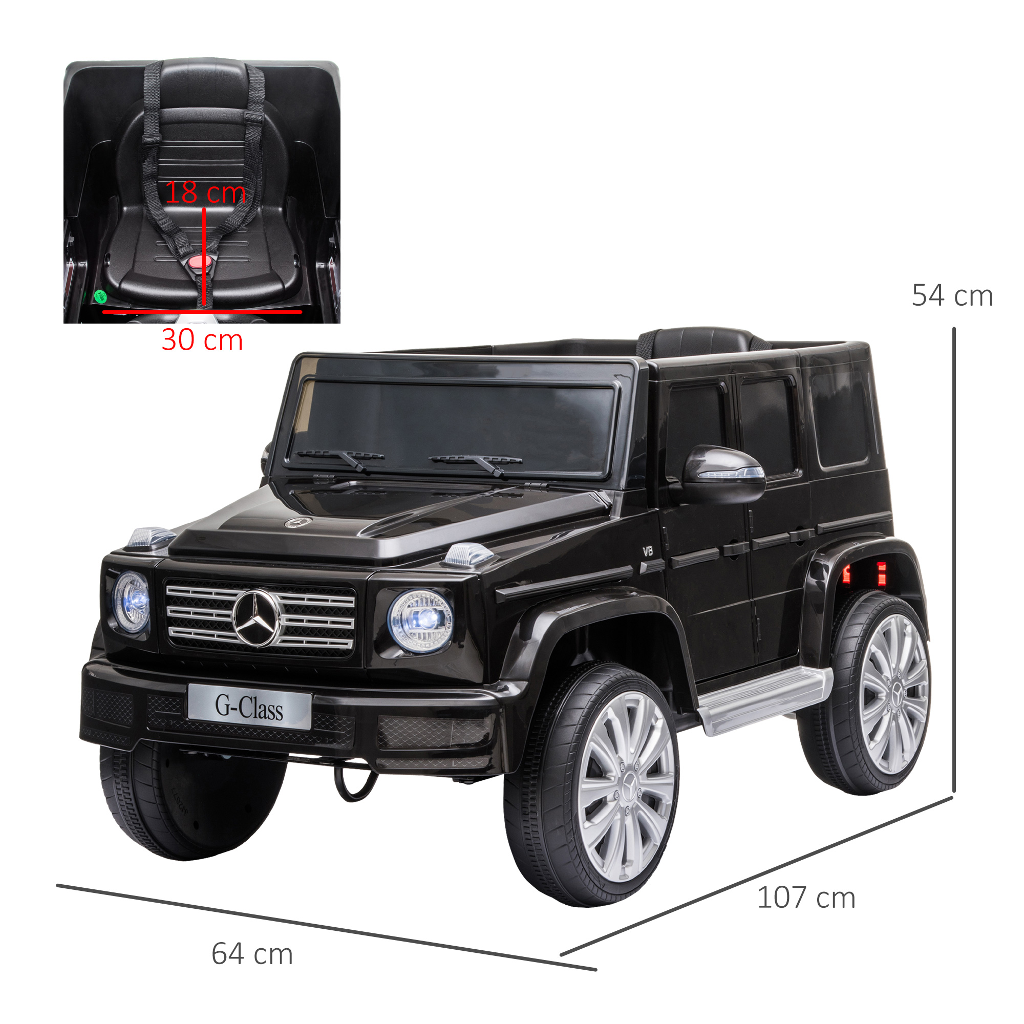 SUV de juguete negro con dimensiones etiquetadas, incluido asiento y cinturón de seguridad.