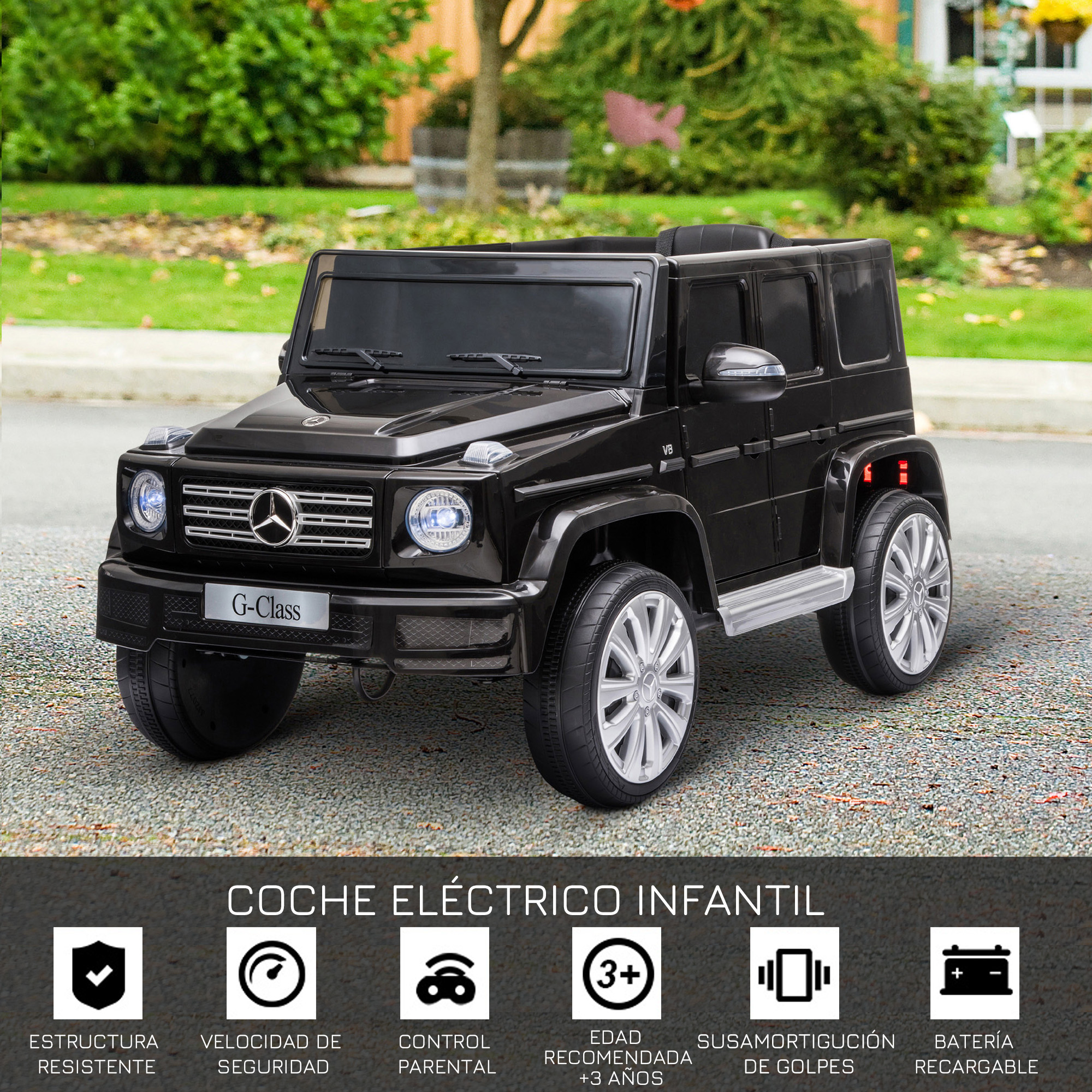 Coche eléctrico Mercedes-Benz Clase G de juguete negro para niños, sobre césped verde.