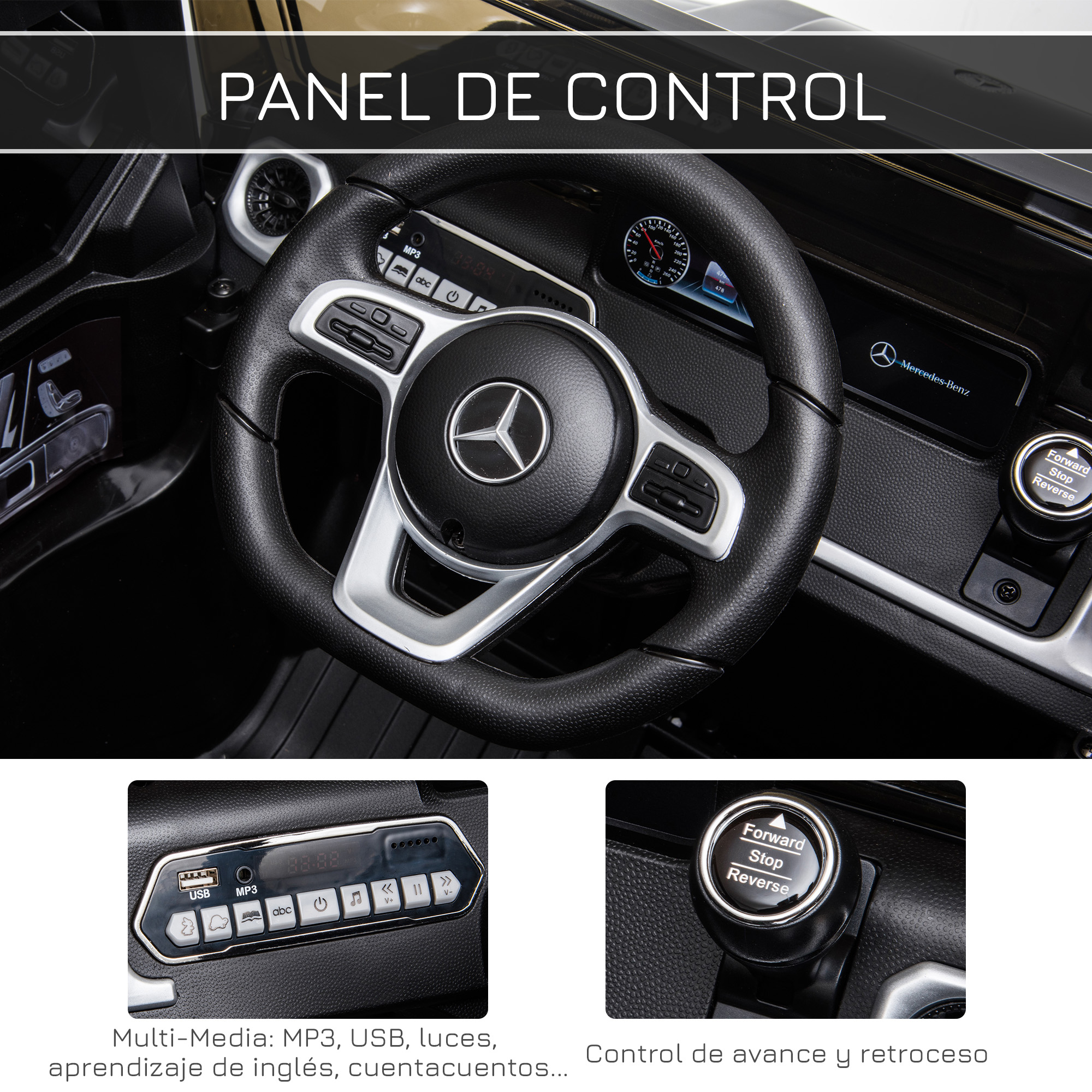 Panel de control de coche con logo Mercedes-Benz, con multimedia, USB y controles de avance/retroceso.