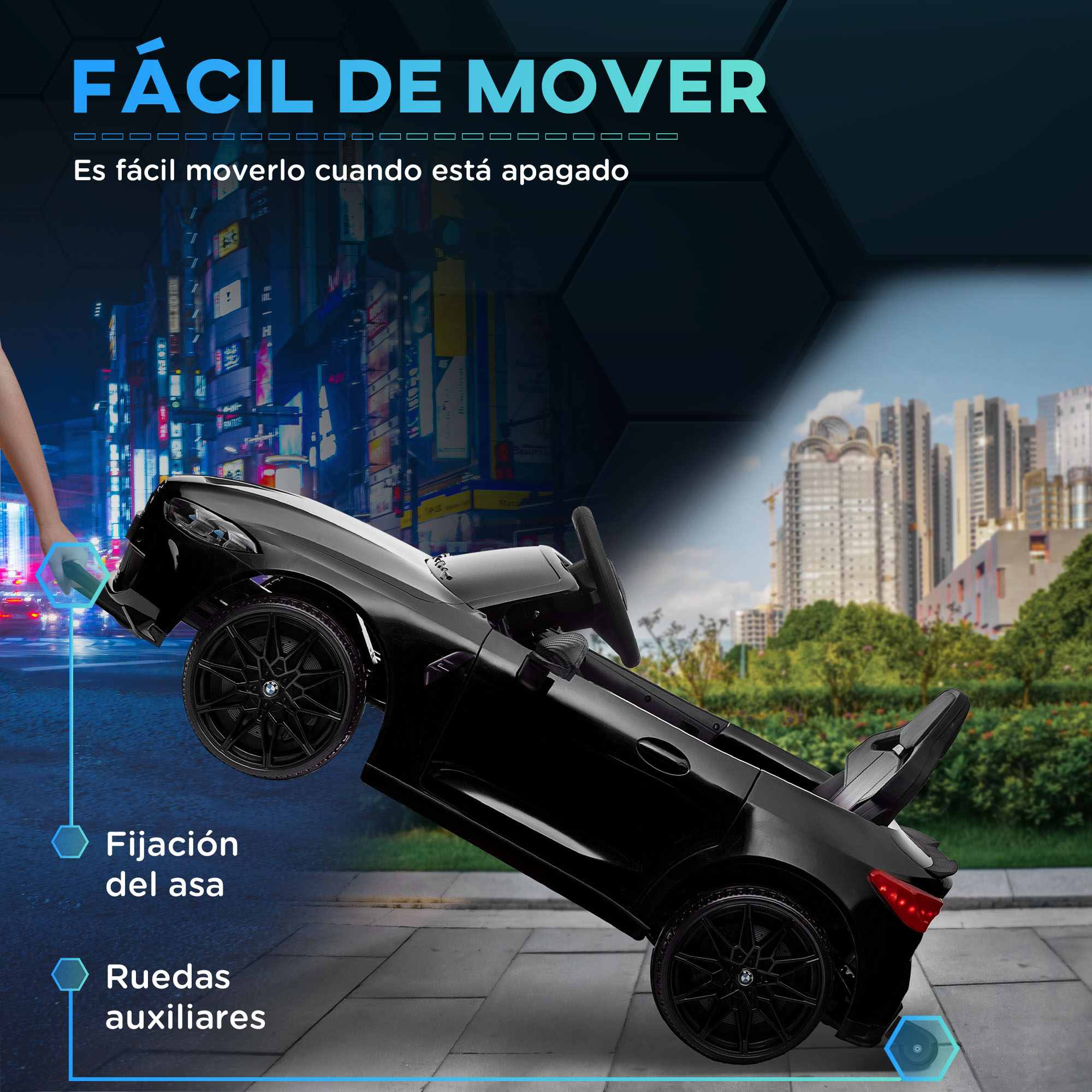 Un coche de juguete negro empujado. Texto dice 'Fácil de mover' y 'Ruedas auxiliares'.