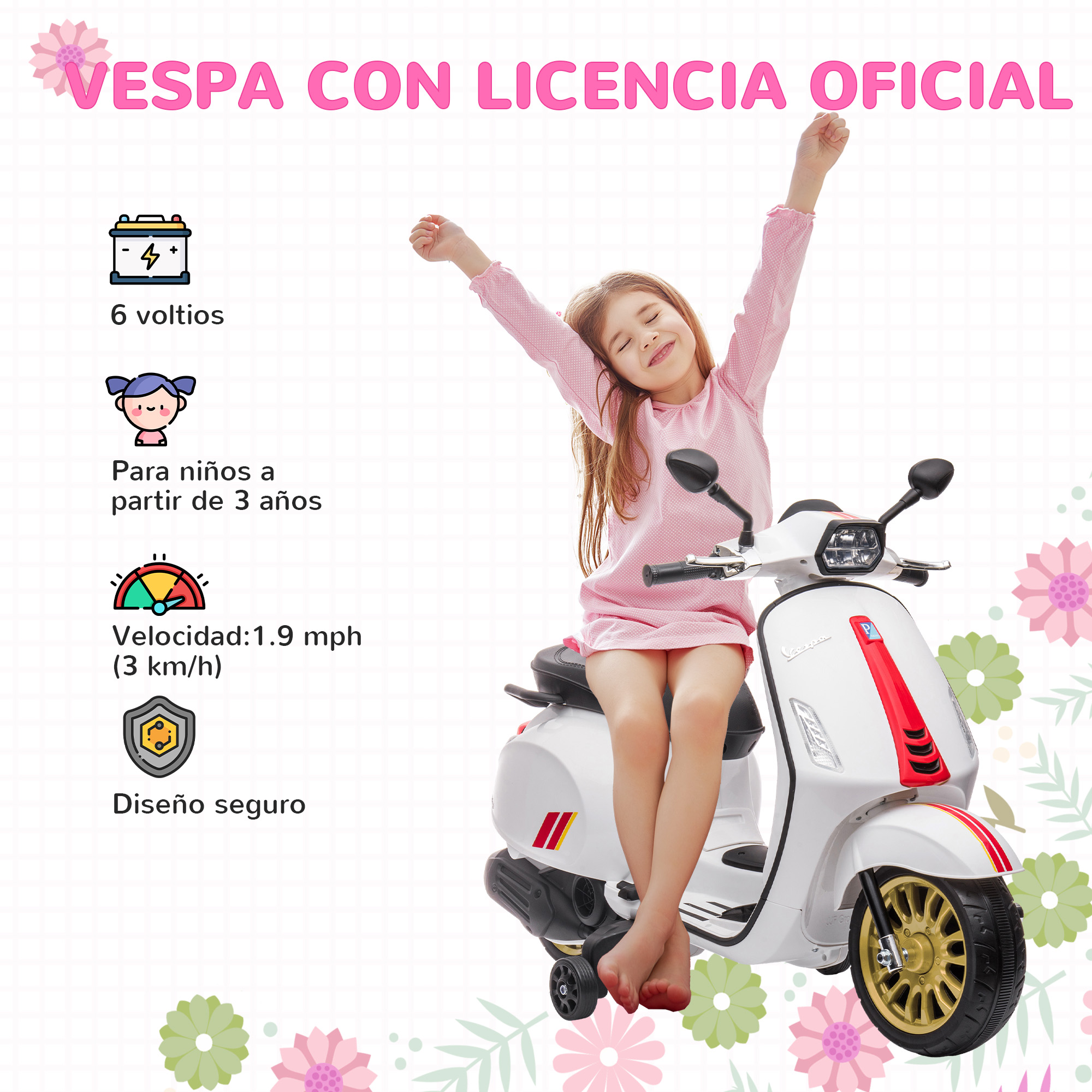 Una niña en un scooter blanco estilo Vespa, con iconos informativos mostrados.