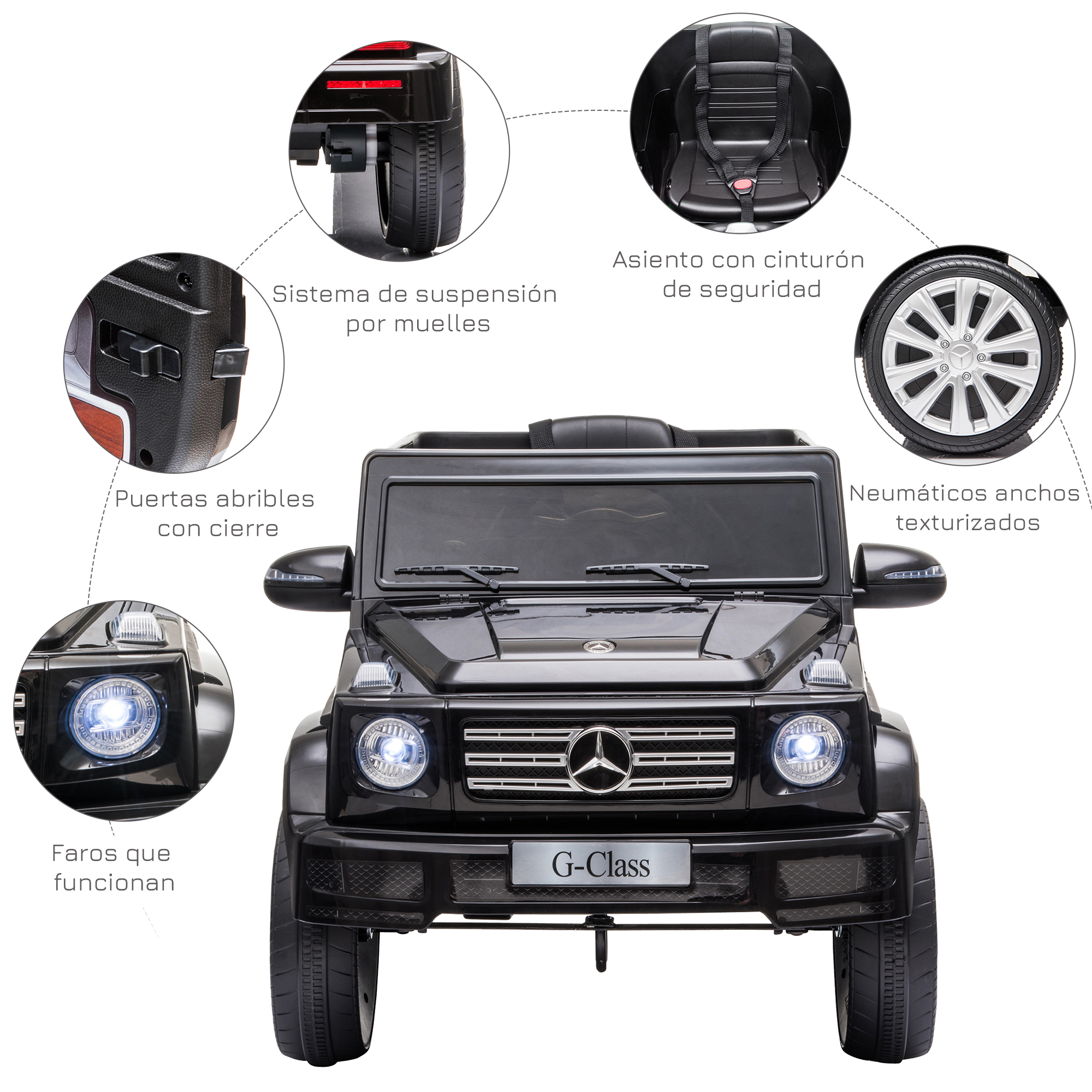 Se muestra un coche de juguete negro con características detalladas como puertas que se abren, faros que funcionan y suspensión de muelles.