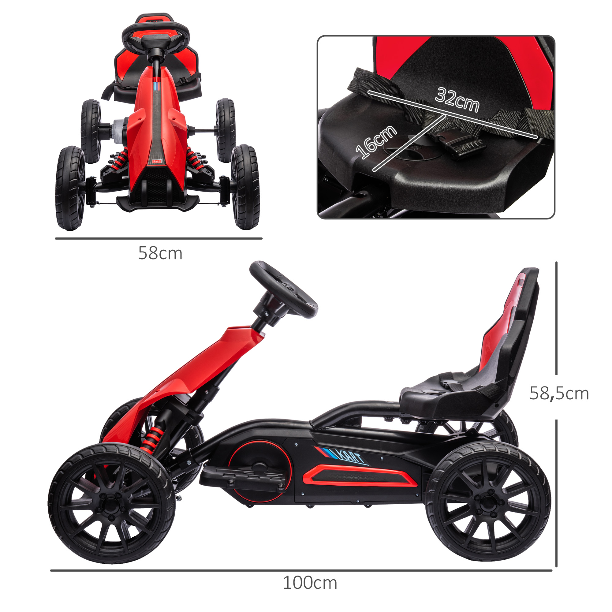 Go-kart rojo y negro con medidas, incluida una vista detallada del asiento con correas.