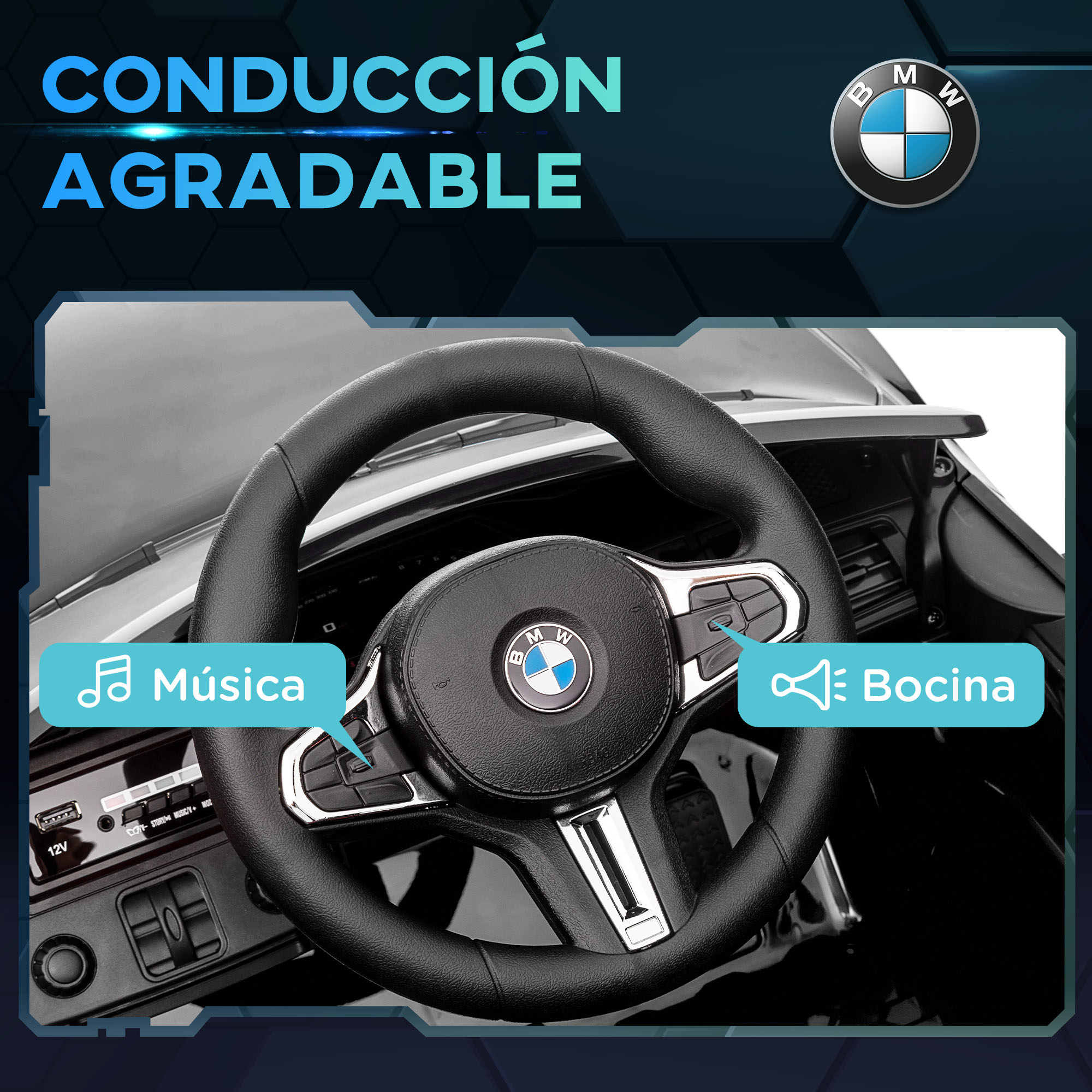 Volante de coche con logo BMW. Botones y opciones de música. Texto en español. Interior de coche negro.