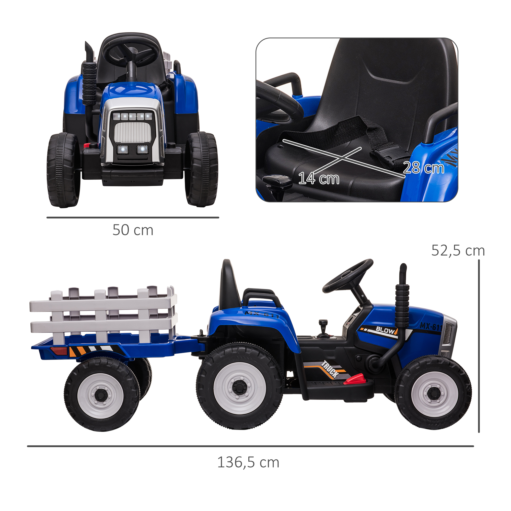 Un tractor de juguete con remolque, azul, con dimensiones mostradas, adecuado para que los niños jueguen.