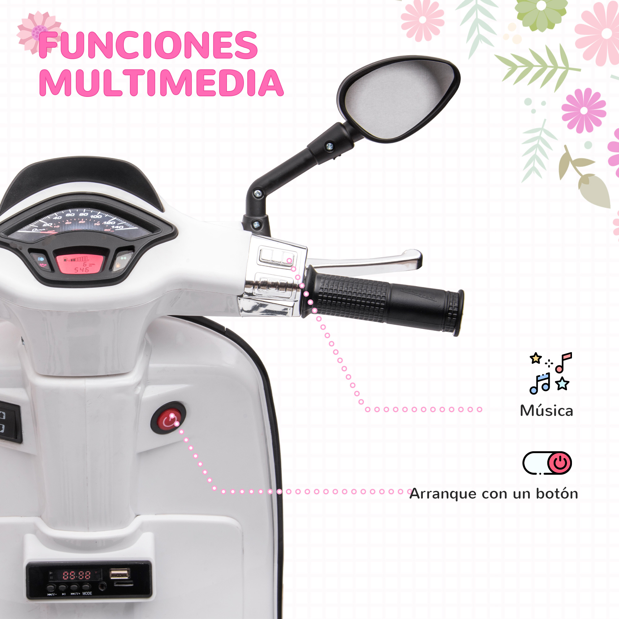 Scooter de juguete blanco con manillar negro. Tiene velocímetro y botón para funciones multimedia.