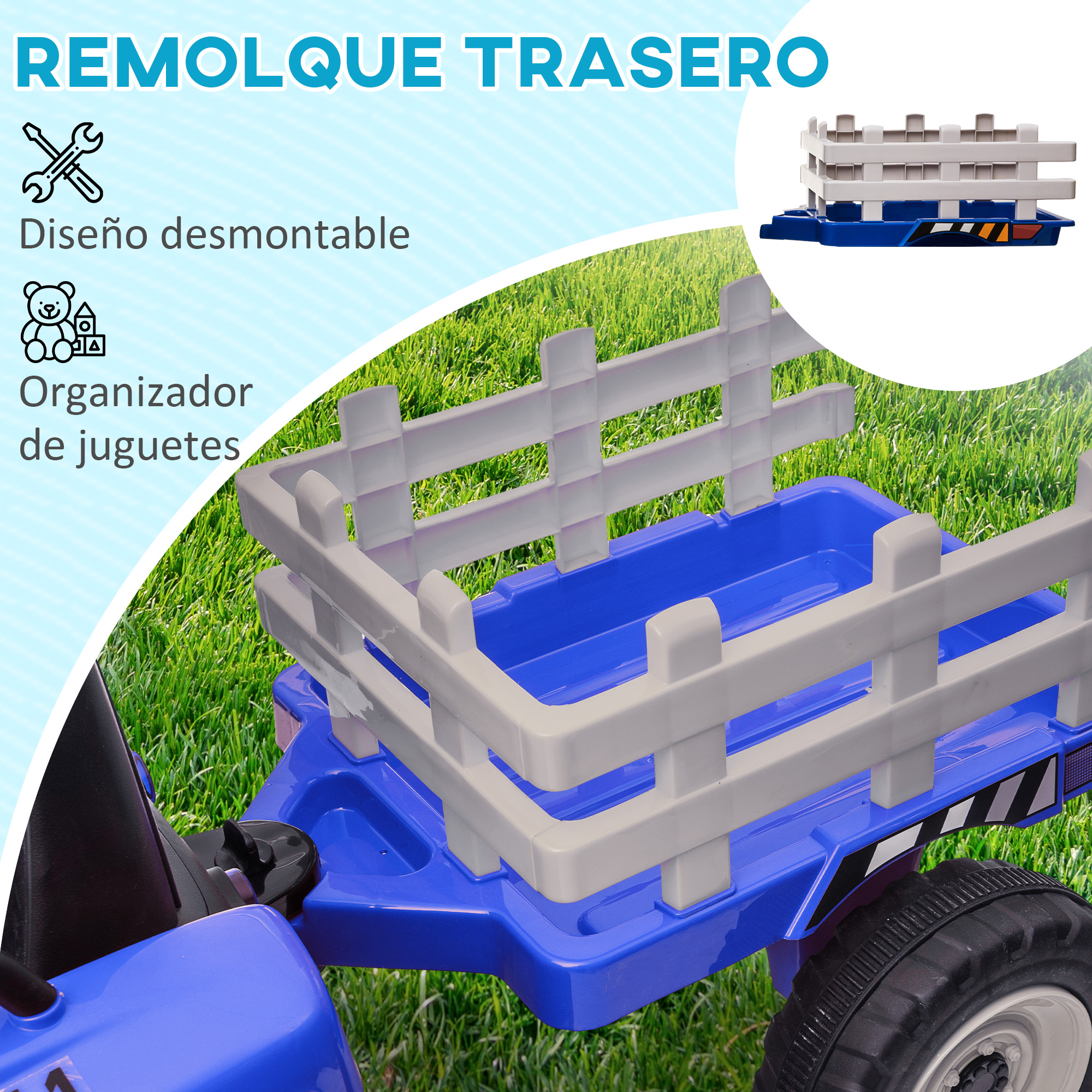 Remolque de juguete azul con valla blanca y fondo de hierba. Texto: diseño desmontable, organizador de juguetes.