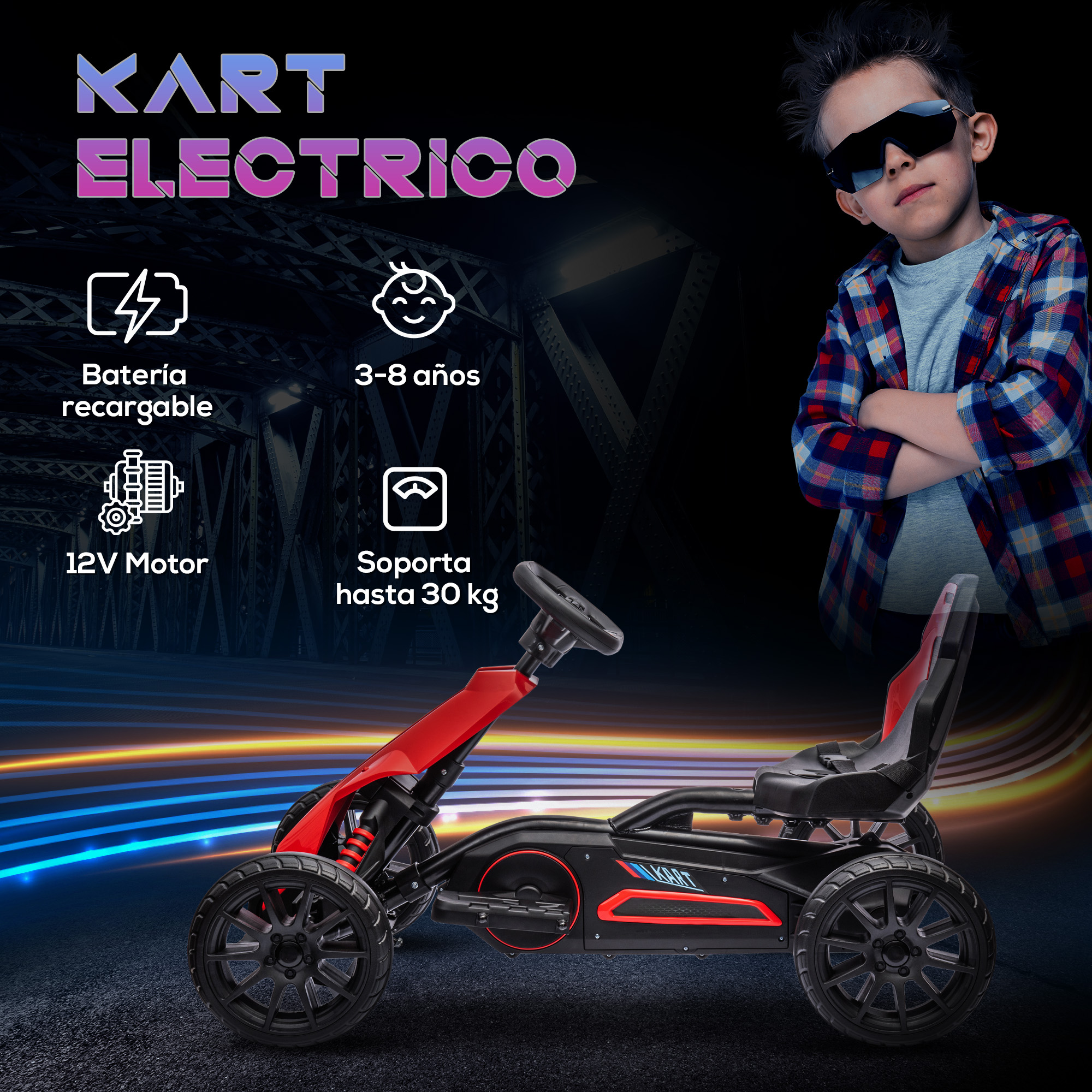 Go-kart eléctrico negro y rojo con un niño con gafas de sol de fondo.