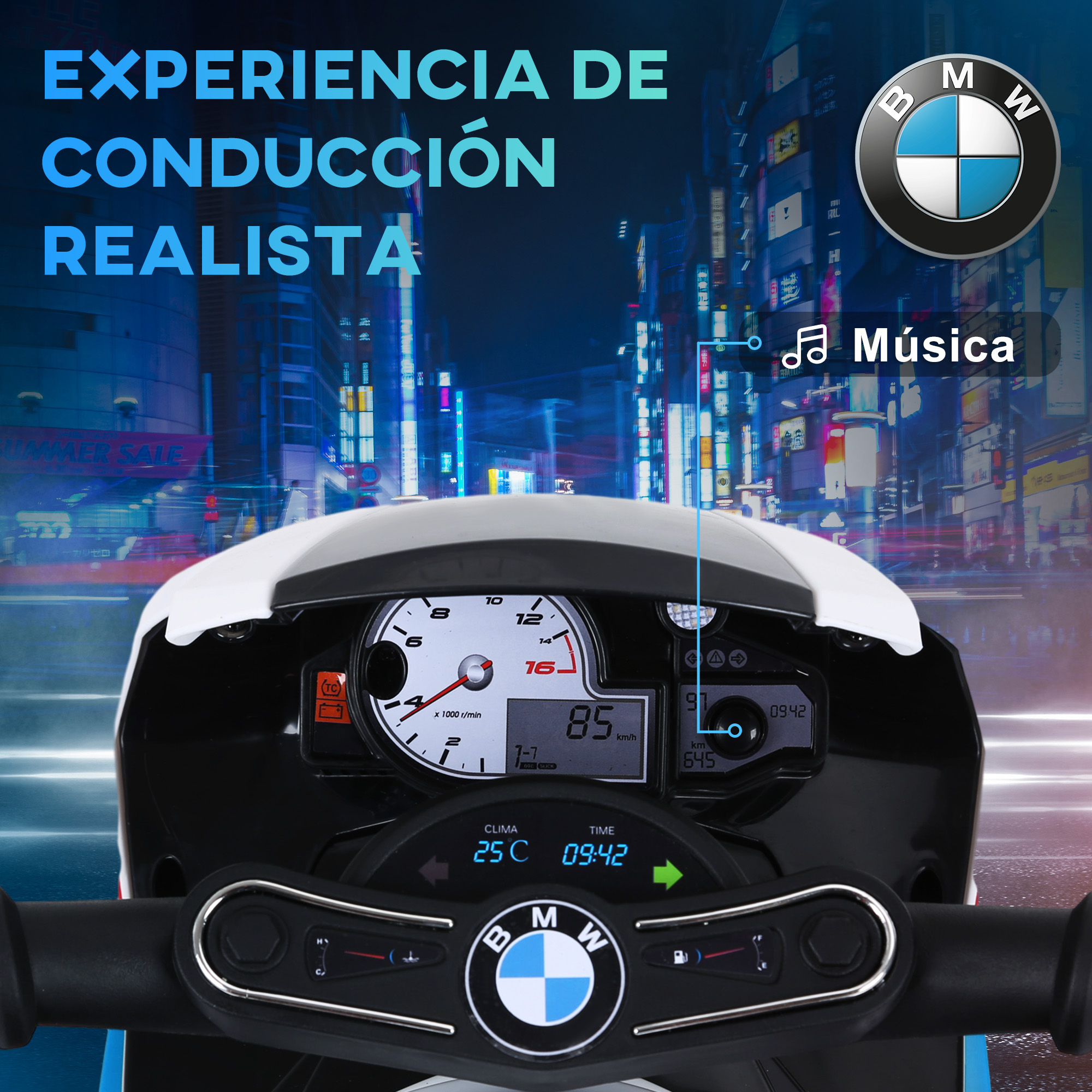 Panel de instrumentos de una motocicleta de juguete, con velocímetro e icono de notas musicales.