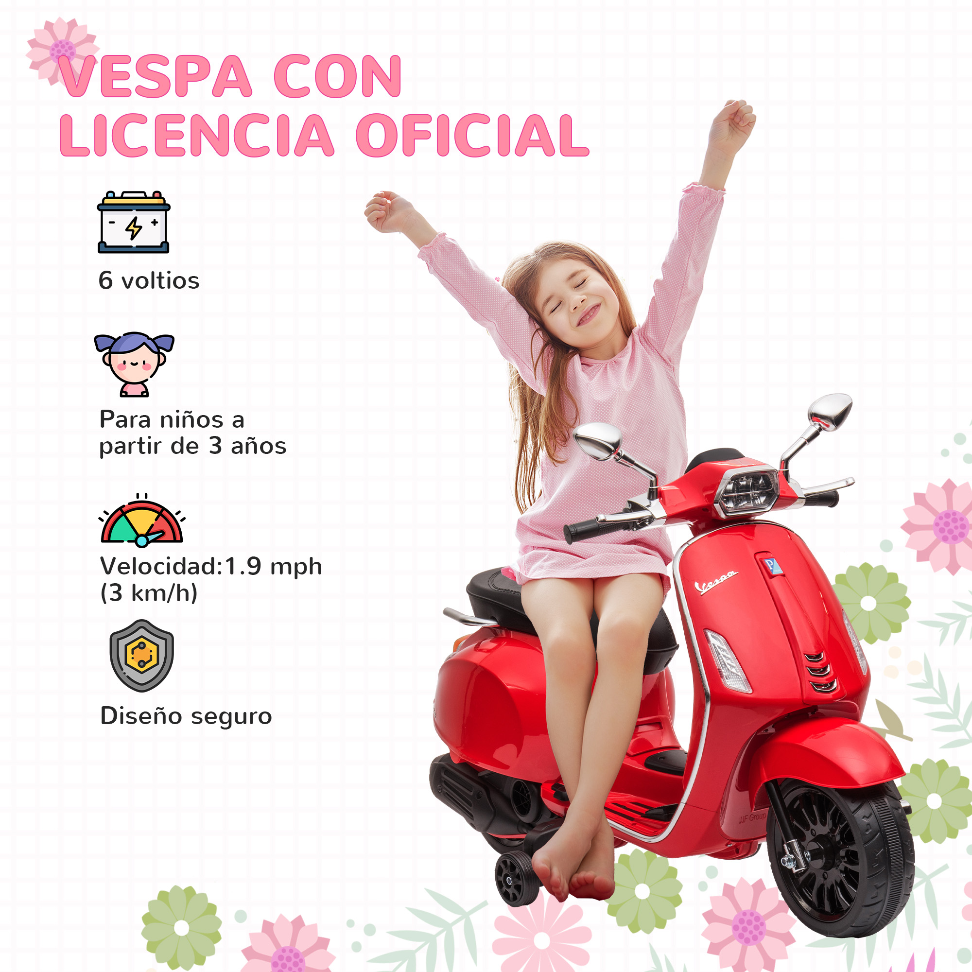 Niña en scooter Vespa rojo. Niña con los brazos levantados. Camisa rosa y pies descalzos. Fondo blanco.