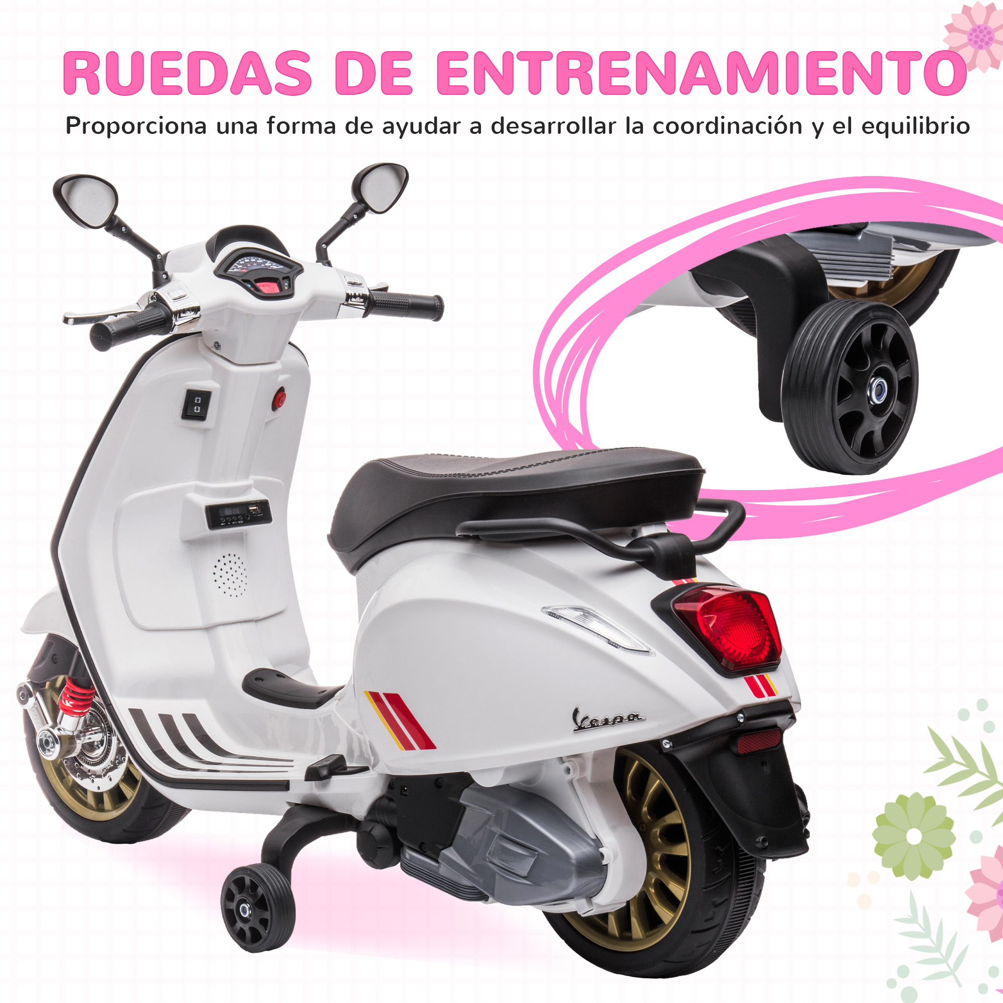 Scooter de juguete blanco con ruedas de entrenamiento. Acentos rojos y amarillos. Elementos florales rosas en el fondo.