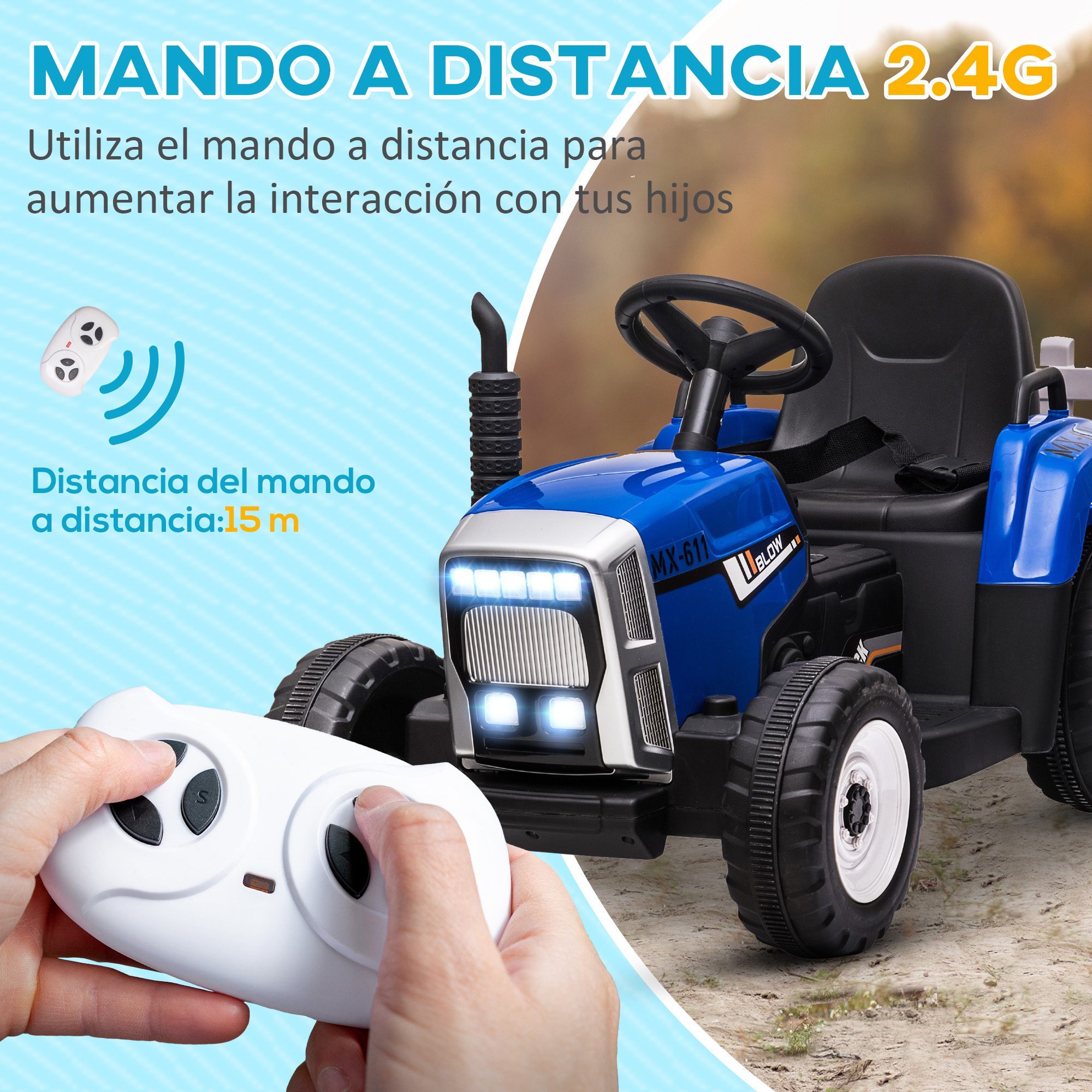 Un tractor de juguete azul con un control remoto y una mano sosteniendo el control.