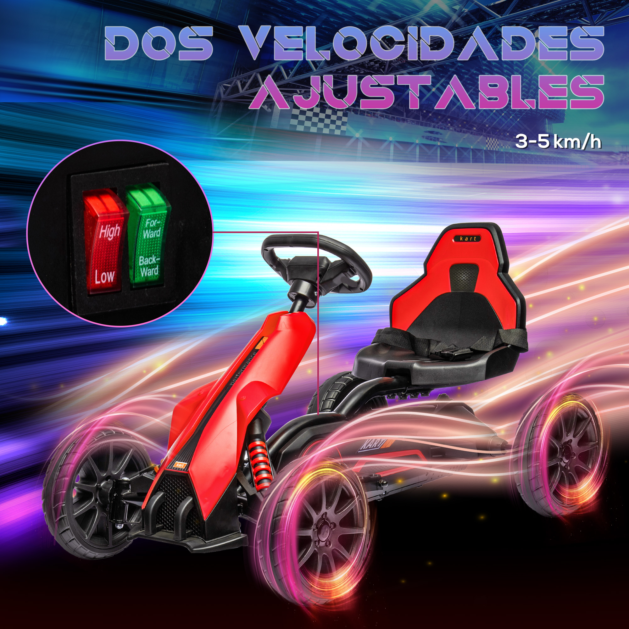 Go-kart rojo con dos opciones de velocidad, con fondo borroso.