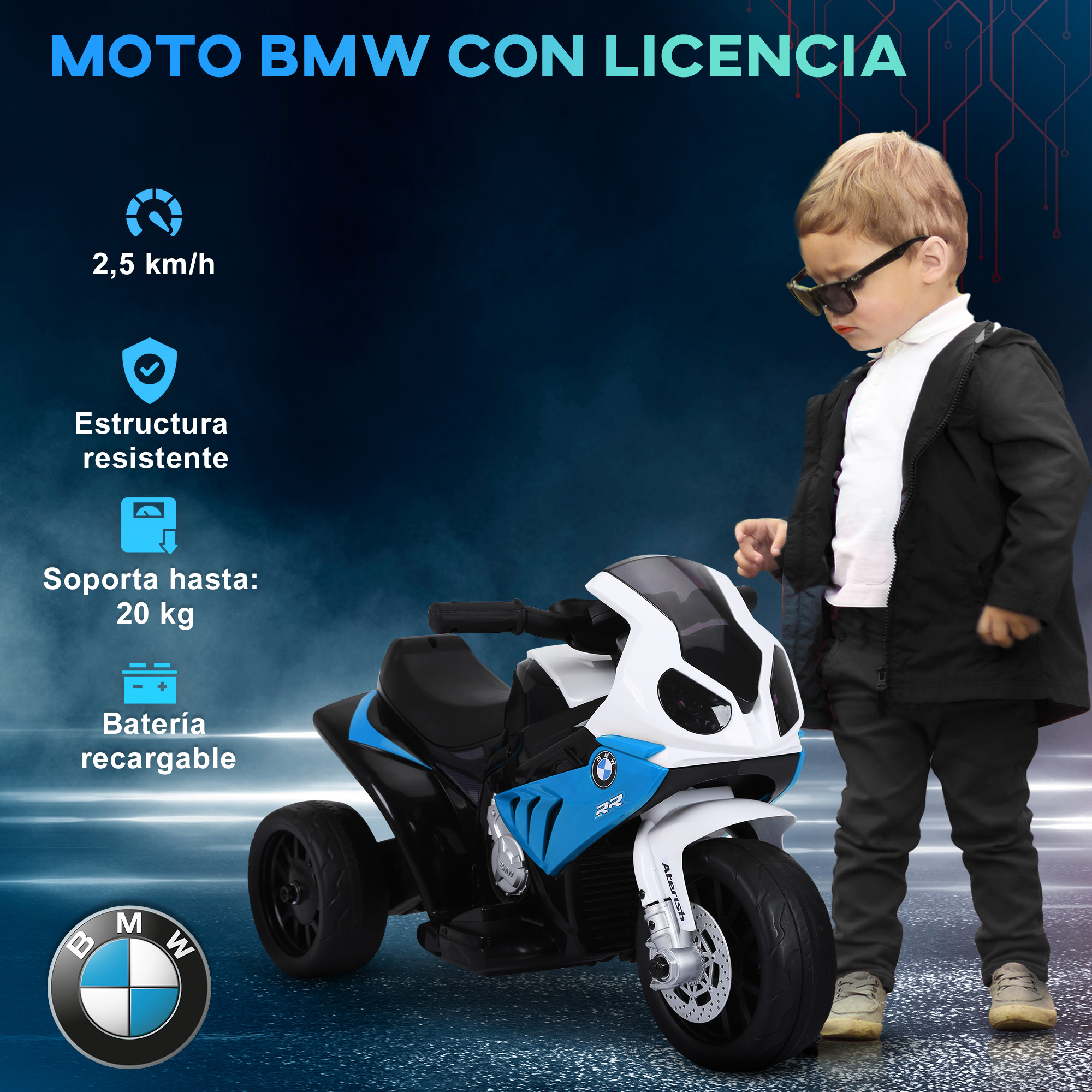 Un niño pequeño de pie cerca de una motocicleta de juguete BMW, con texto y gráficos.