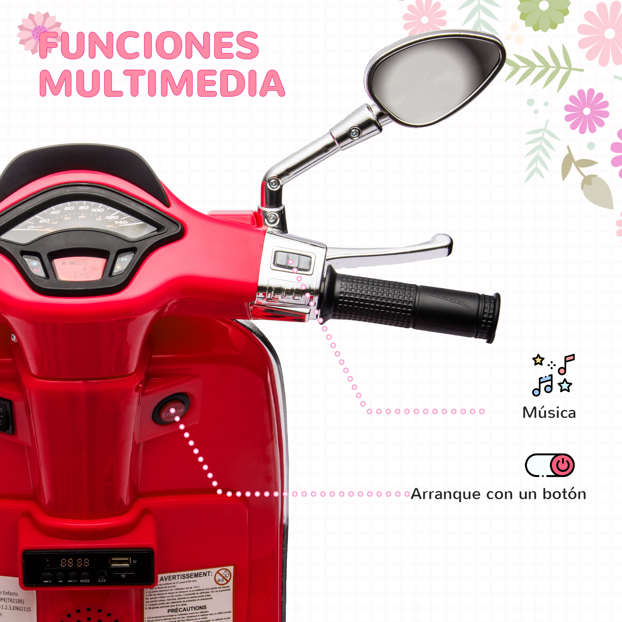 Un scooter de juguete rojo con funciones multimedia, incluido el arranque con botón.