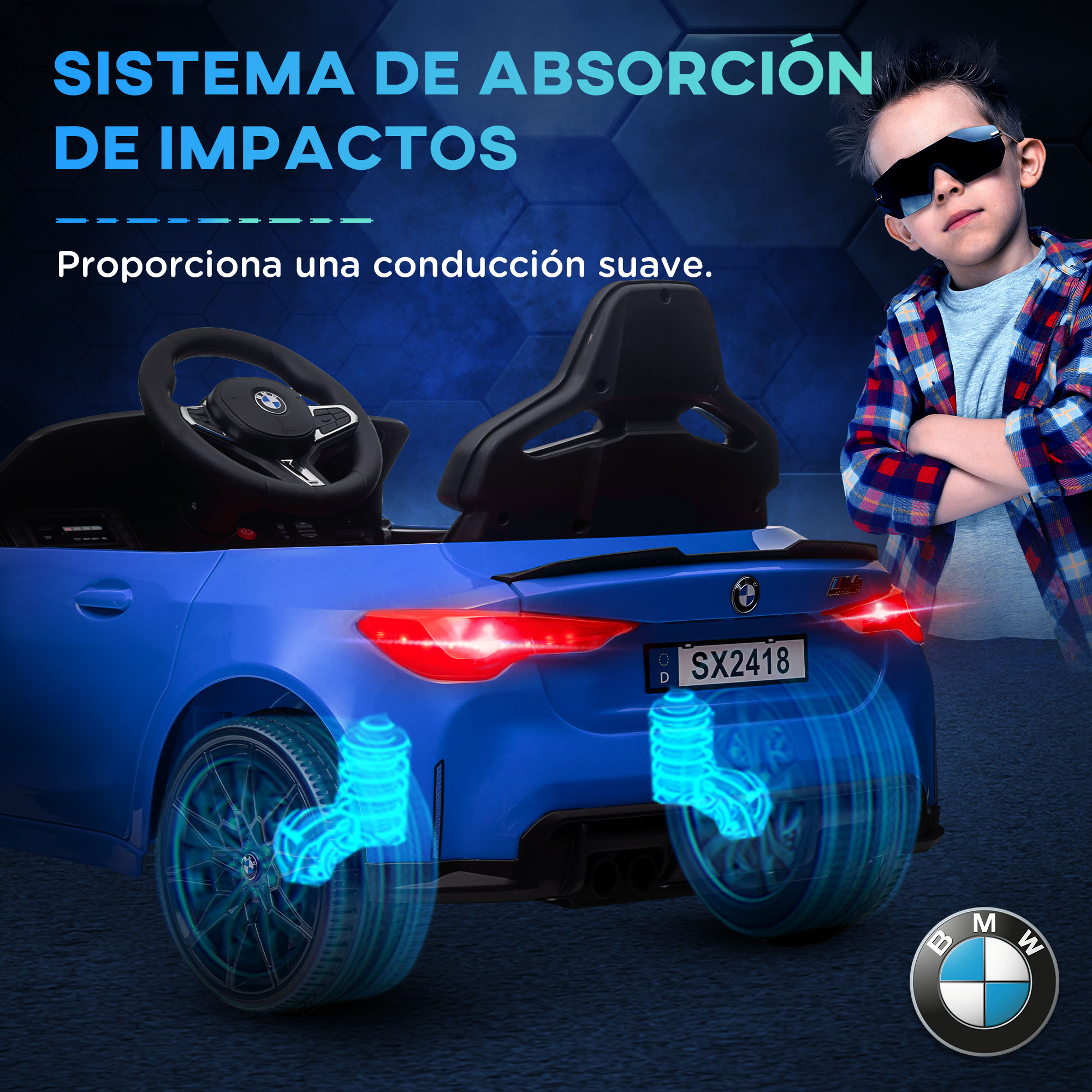 Coche de juguete azul con un niño con gafas de sol y texto sobre el sistema de absorción de impactos.