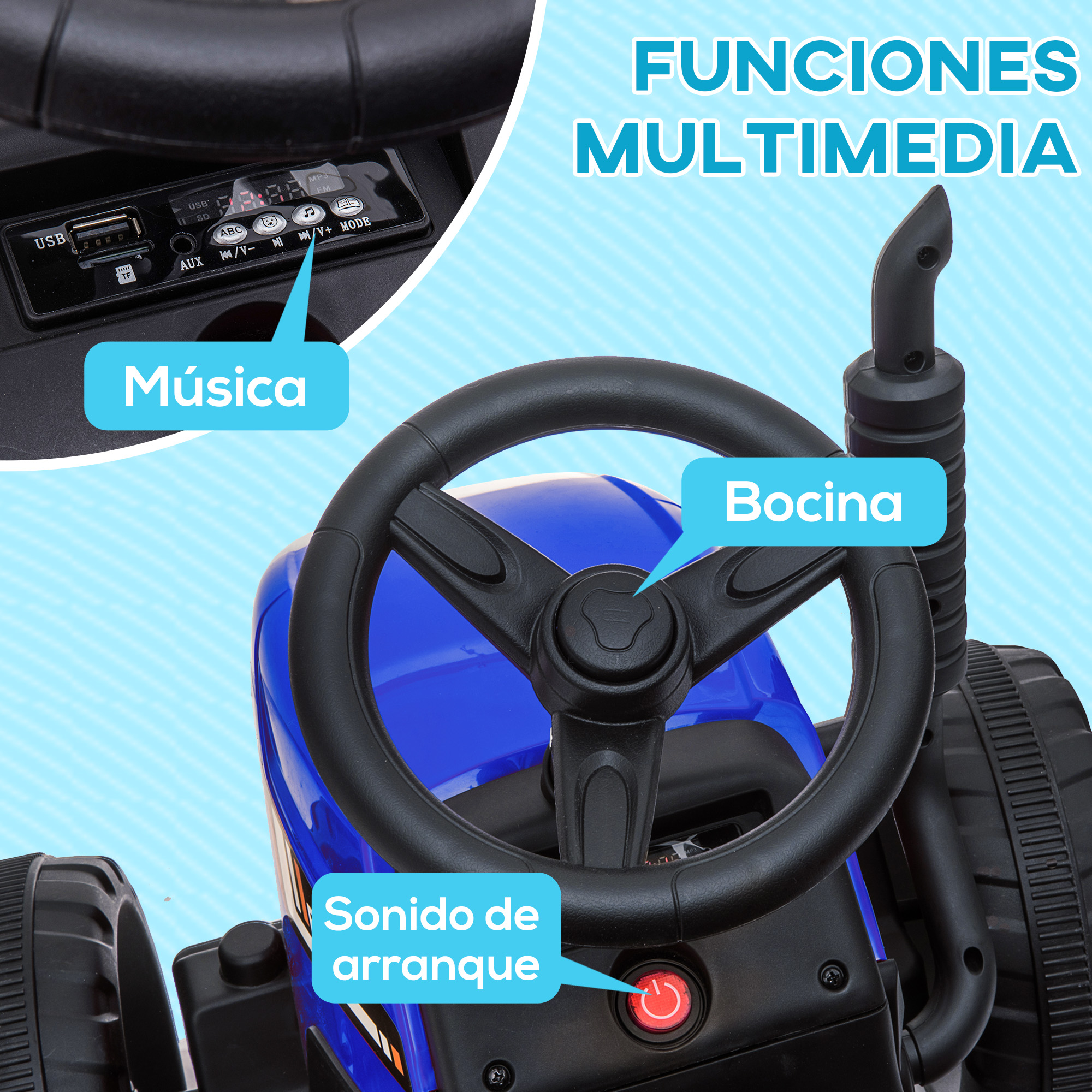 Panel de control de coche de juguete con funciones multimedia: música, bocina y sonido de arranque, USB y AUX.