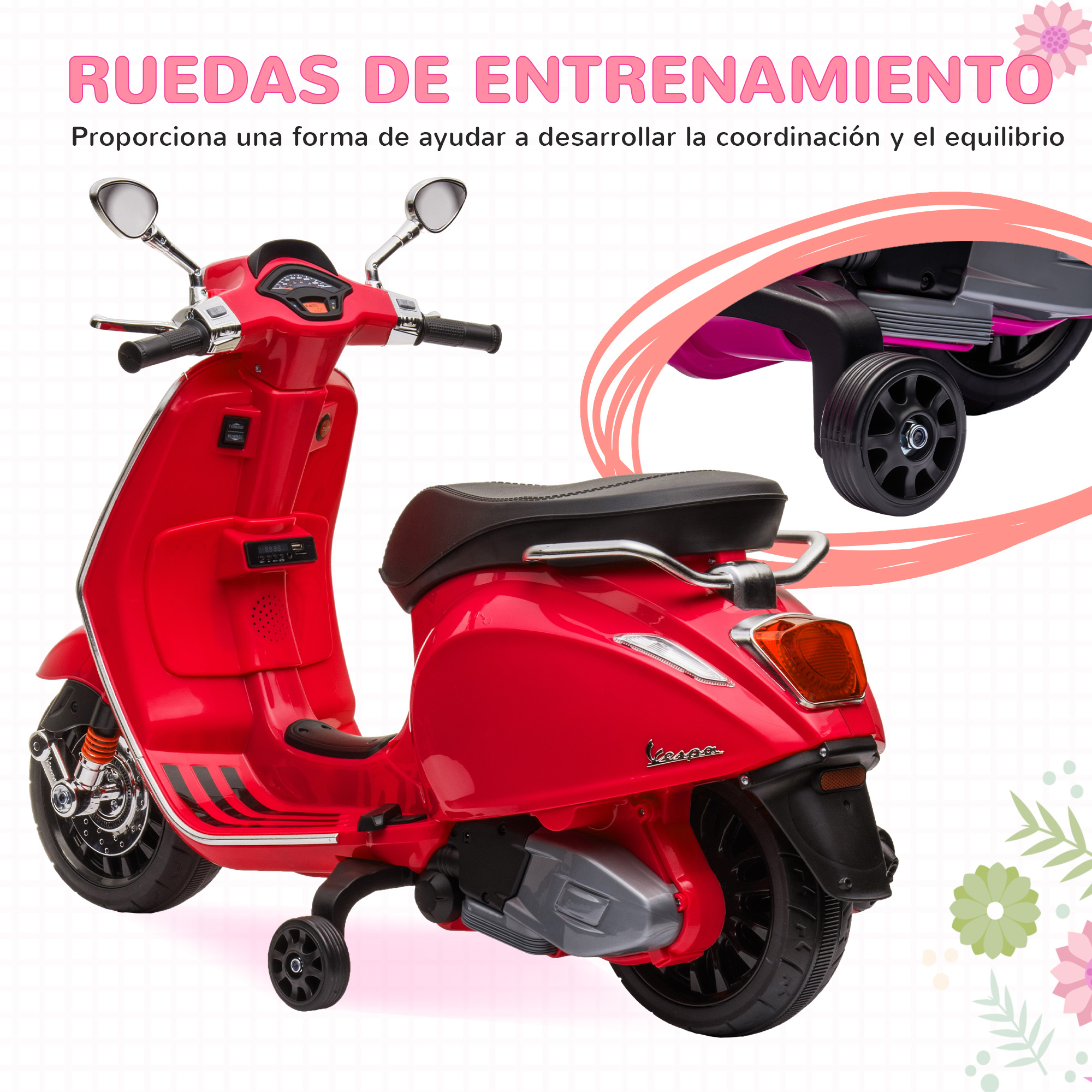 Scooter Vespa de juguete rojo con ruedines. Presenta un diseño detallado y respaldo.