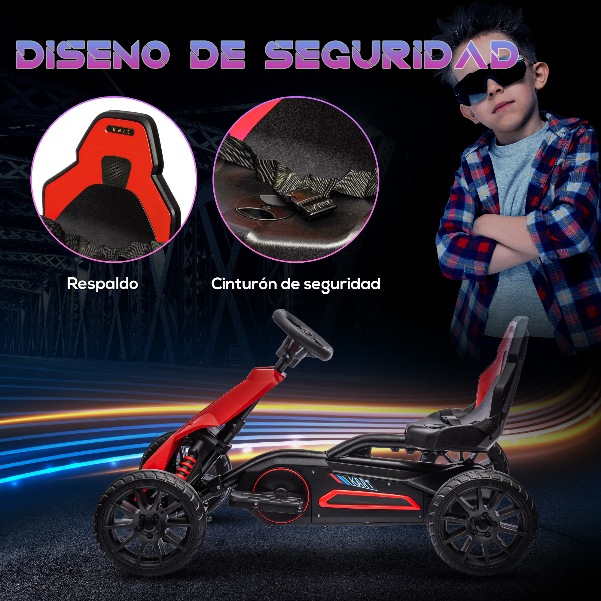 Un kart rojo y negro con características de seguridad, con un niño con gafas de sol al fondo.