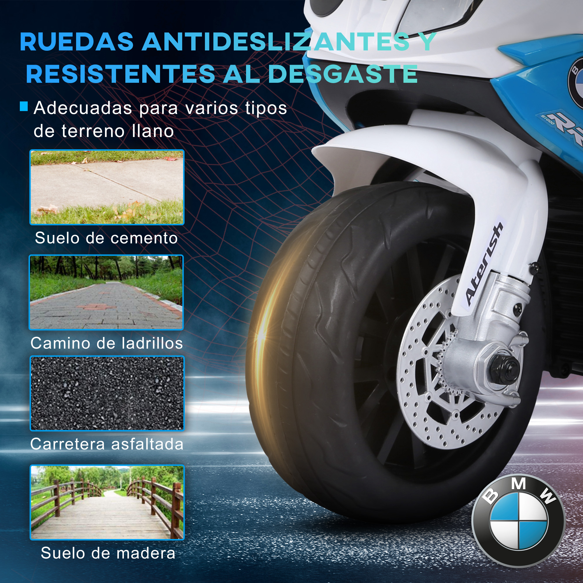 Una moto de juguete azul y blanca con rueda delantera y texto sobre terreno.
