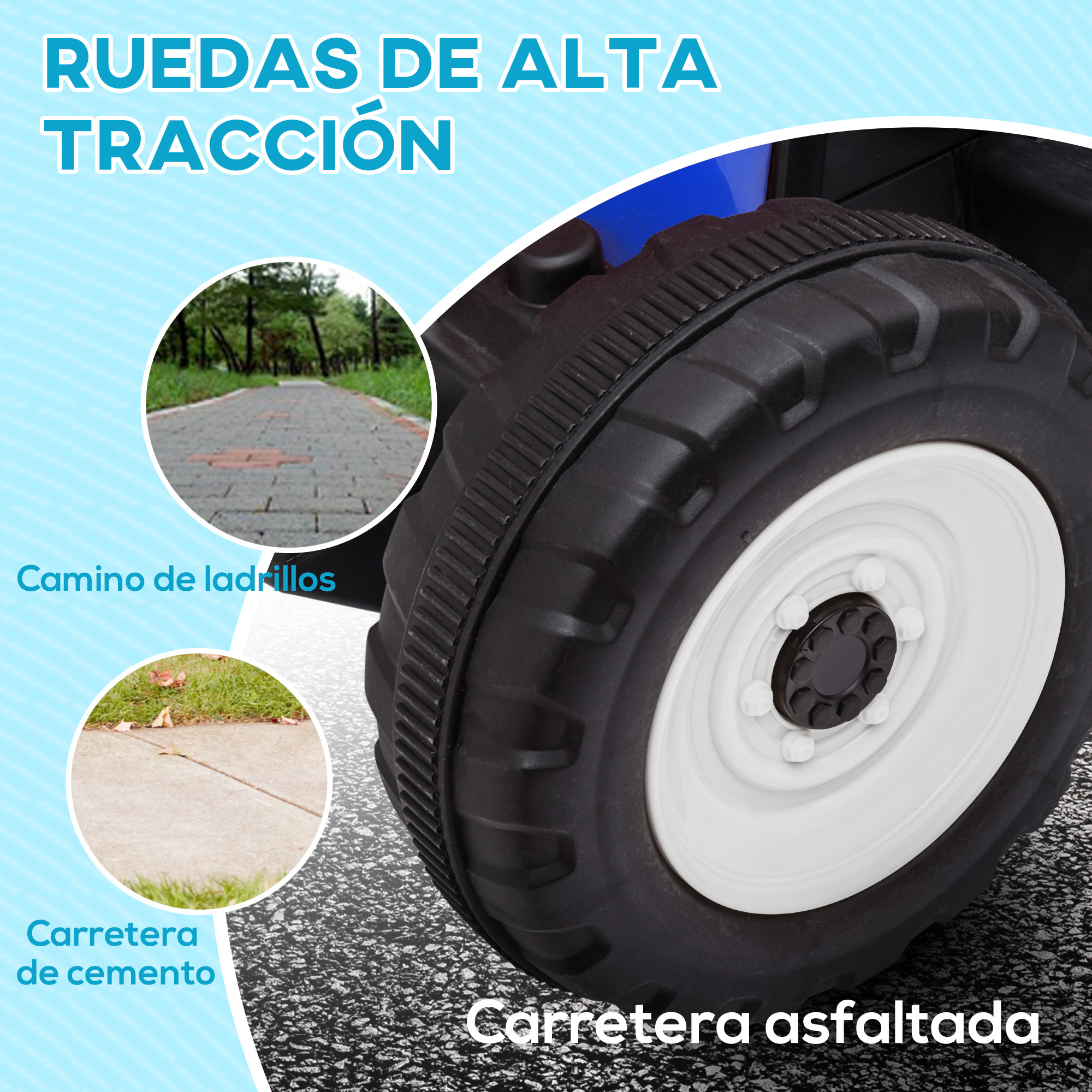 Neumático negro sobre una rueda con texto sobre carreteras, asfalto, ladrillos y cemento.