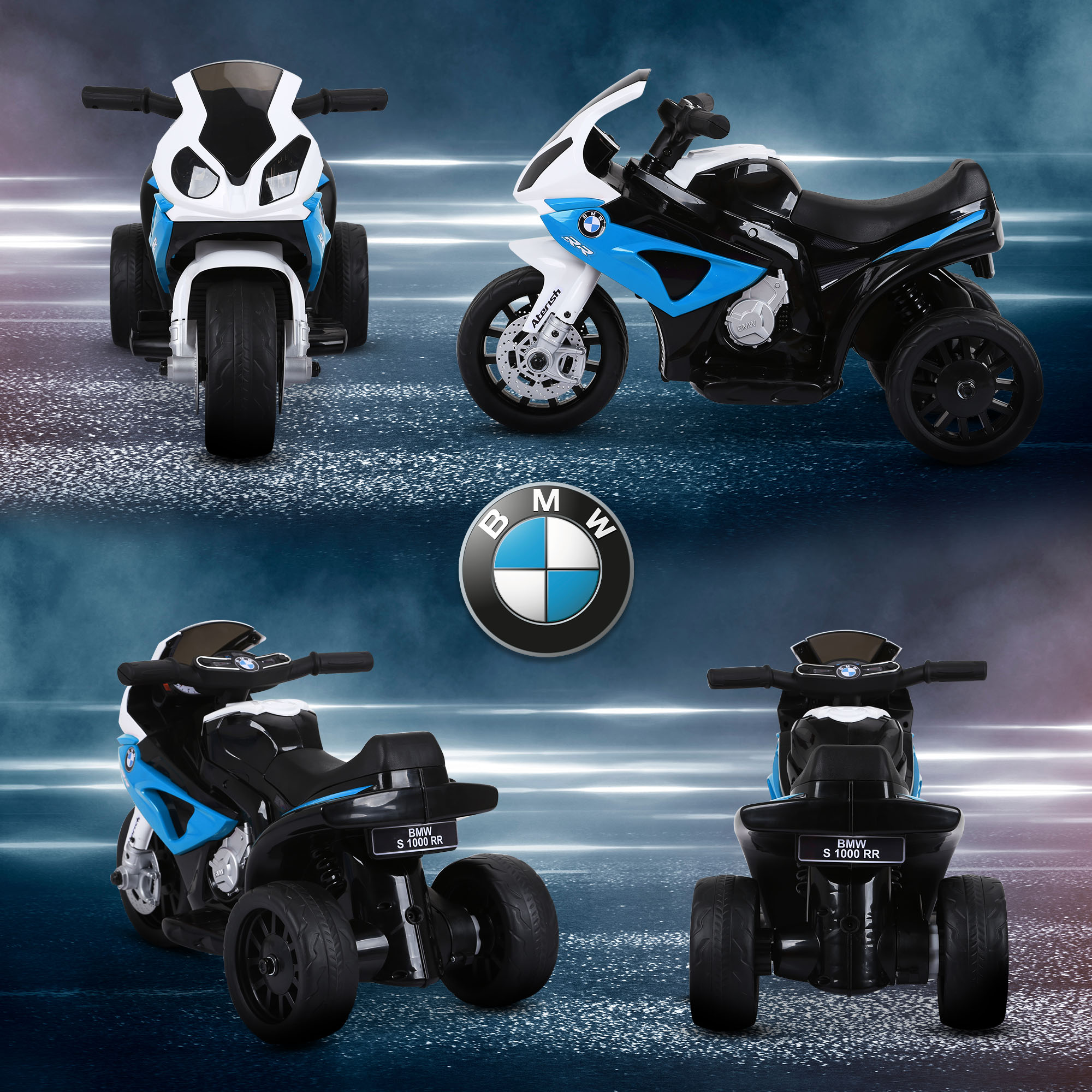 Cuatro motos BMW de juguete en diferentes vistas. Logotipo BMW en el medio.