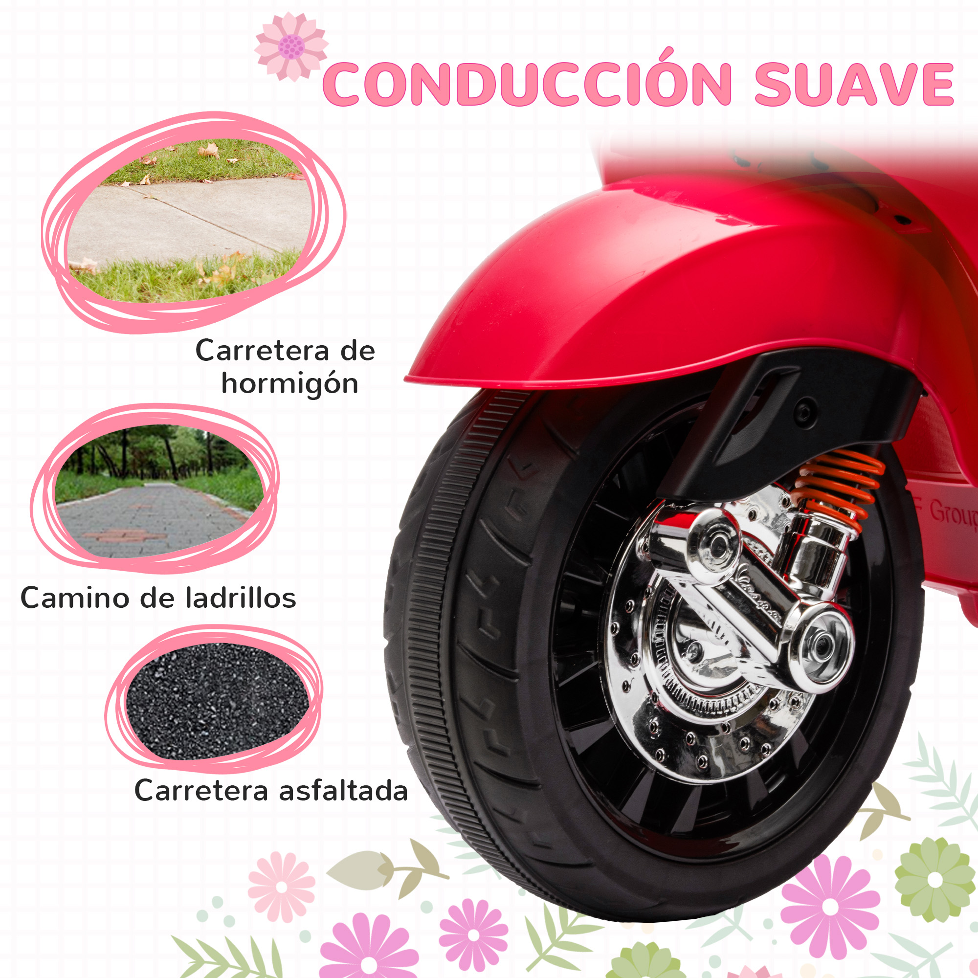 Un patinete de juguete rojo con detalles de las superficies de la carretera: hormigón, ladrillo y asfalto.