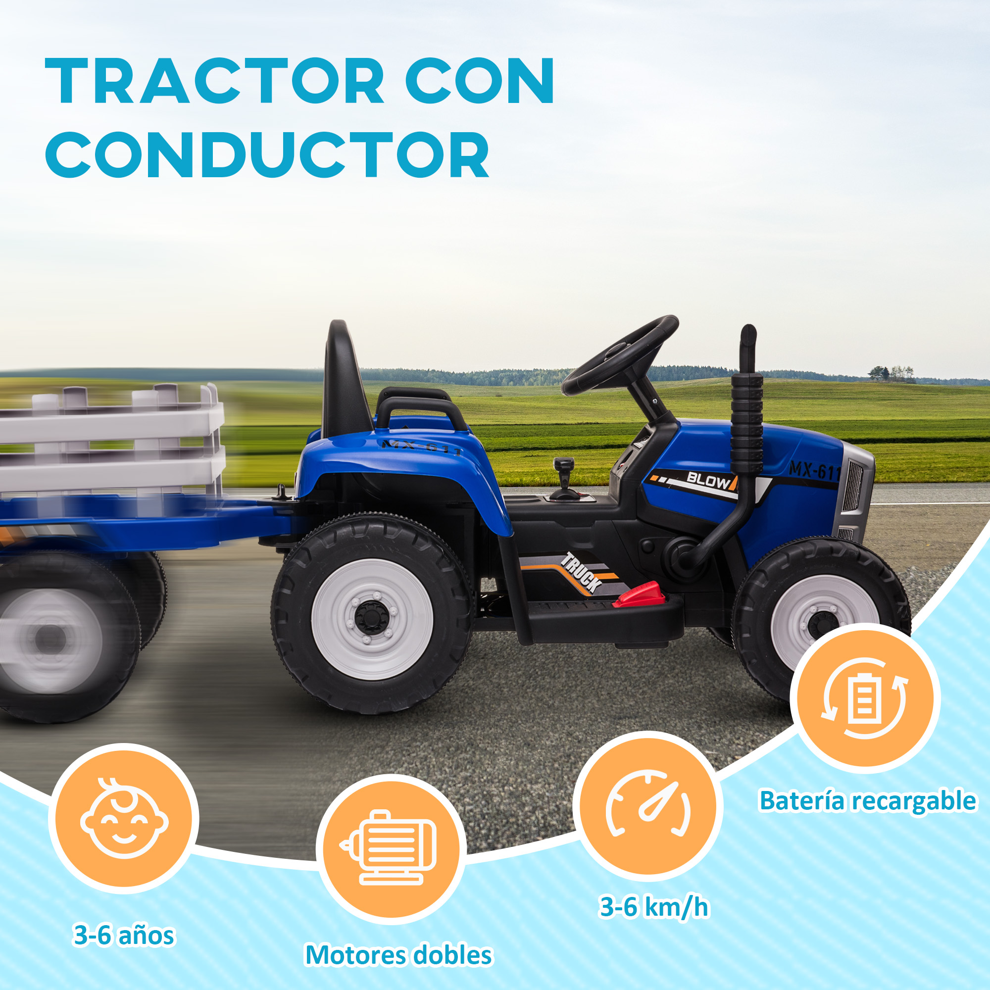 Un tractor de juguete azul con un remolque. El fondo es un campo verde y un cielo azul.
