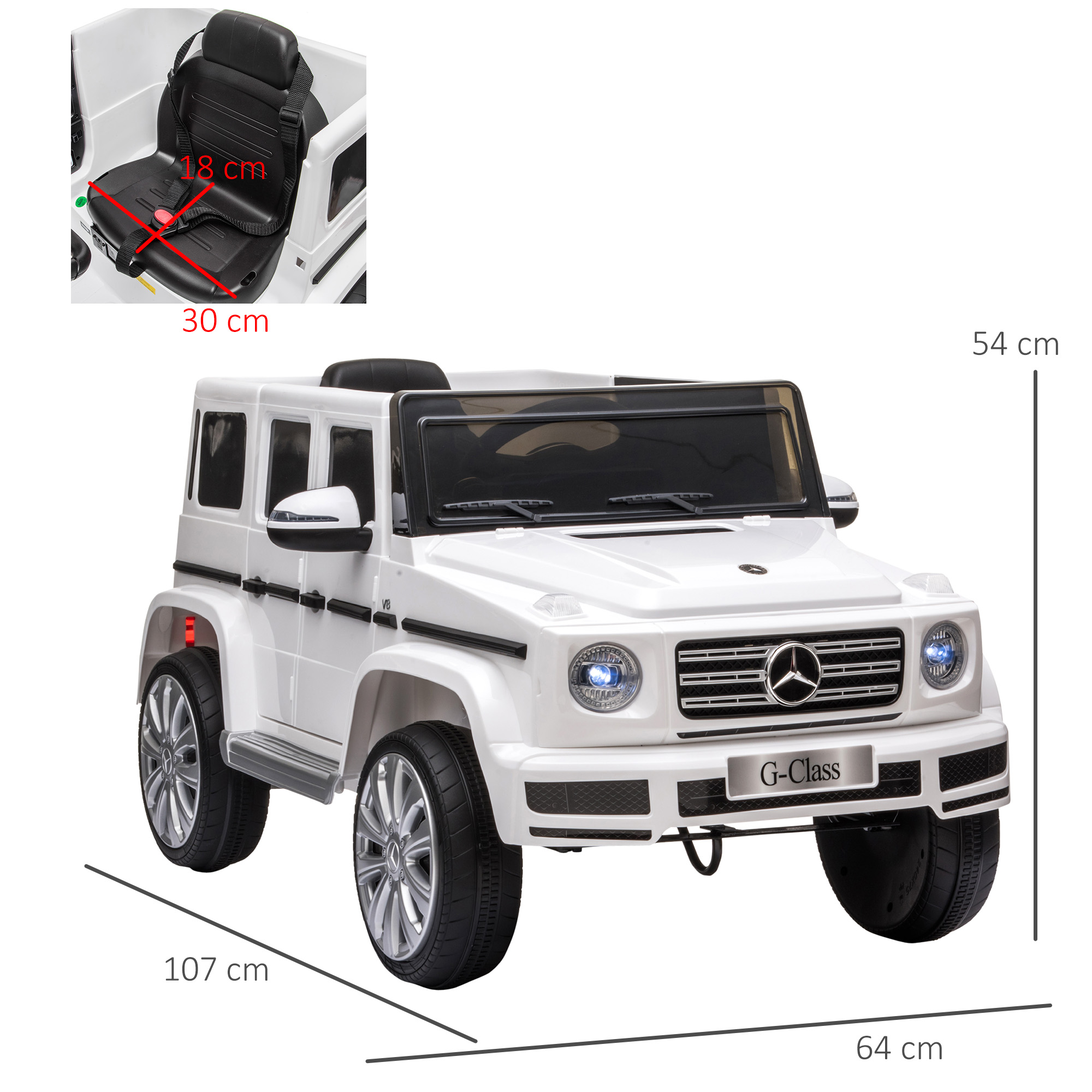 Coche de juguete blanco con detalles interiores negros. Tiene un asiento con cinturón de seguridad. Se muestran dimensiones.