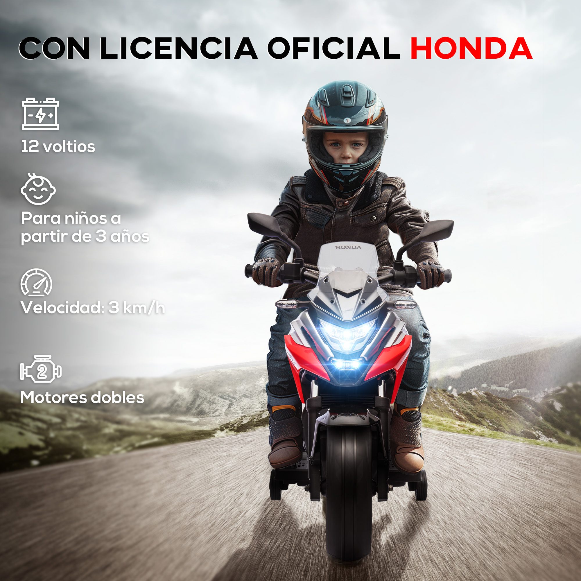 Niño montando una moto Honda de juguete roja y blanca, con licencia e info de seguridad.
