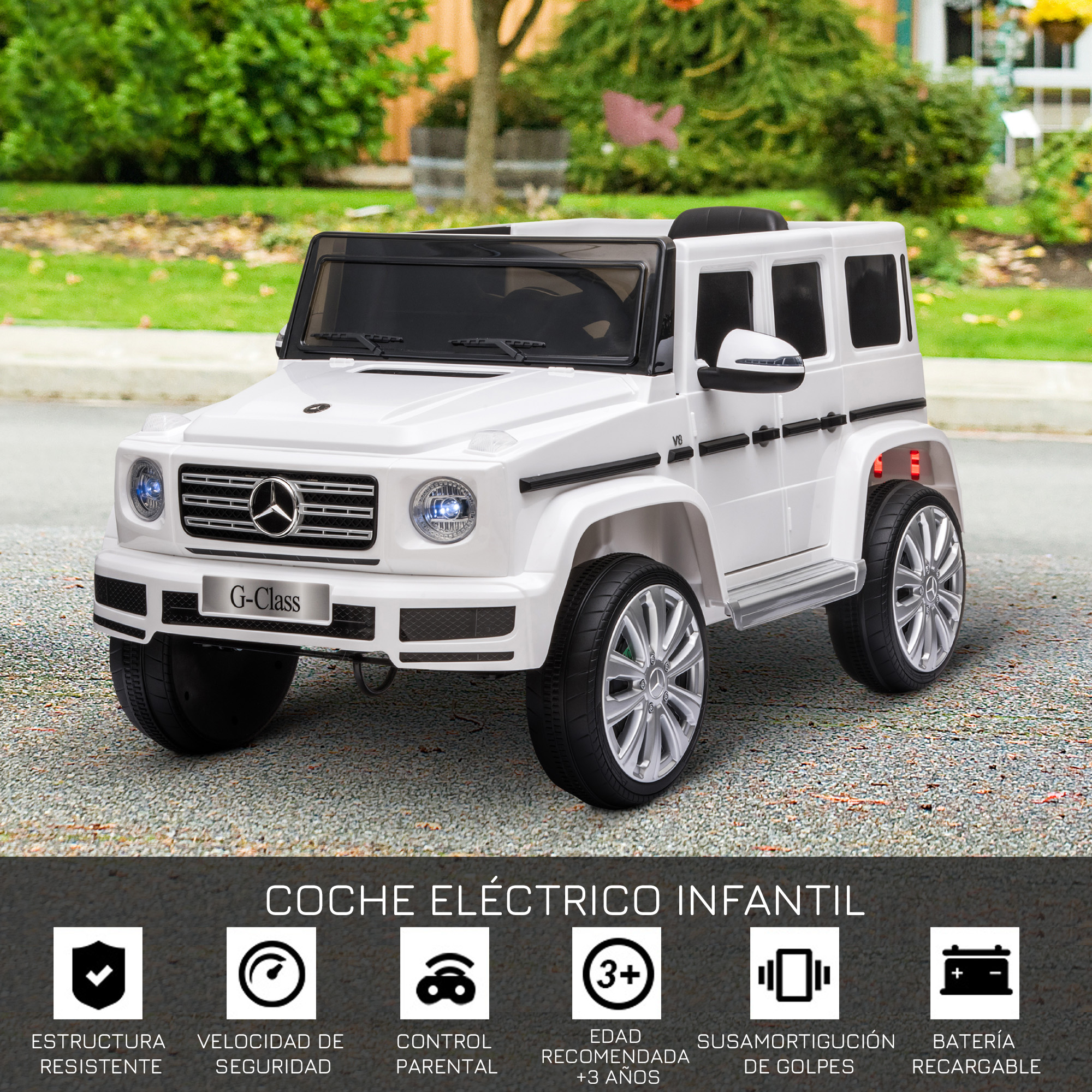 Coche de juguete blanco, modelo G-Class, con techo negro, aparcado en una superficie con iconos.
