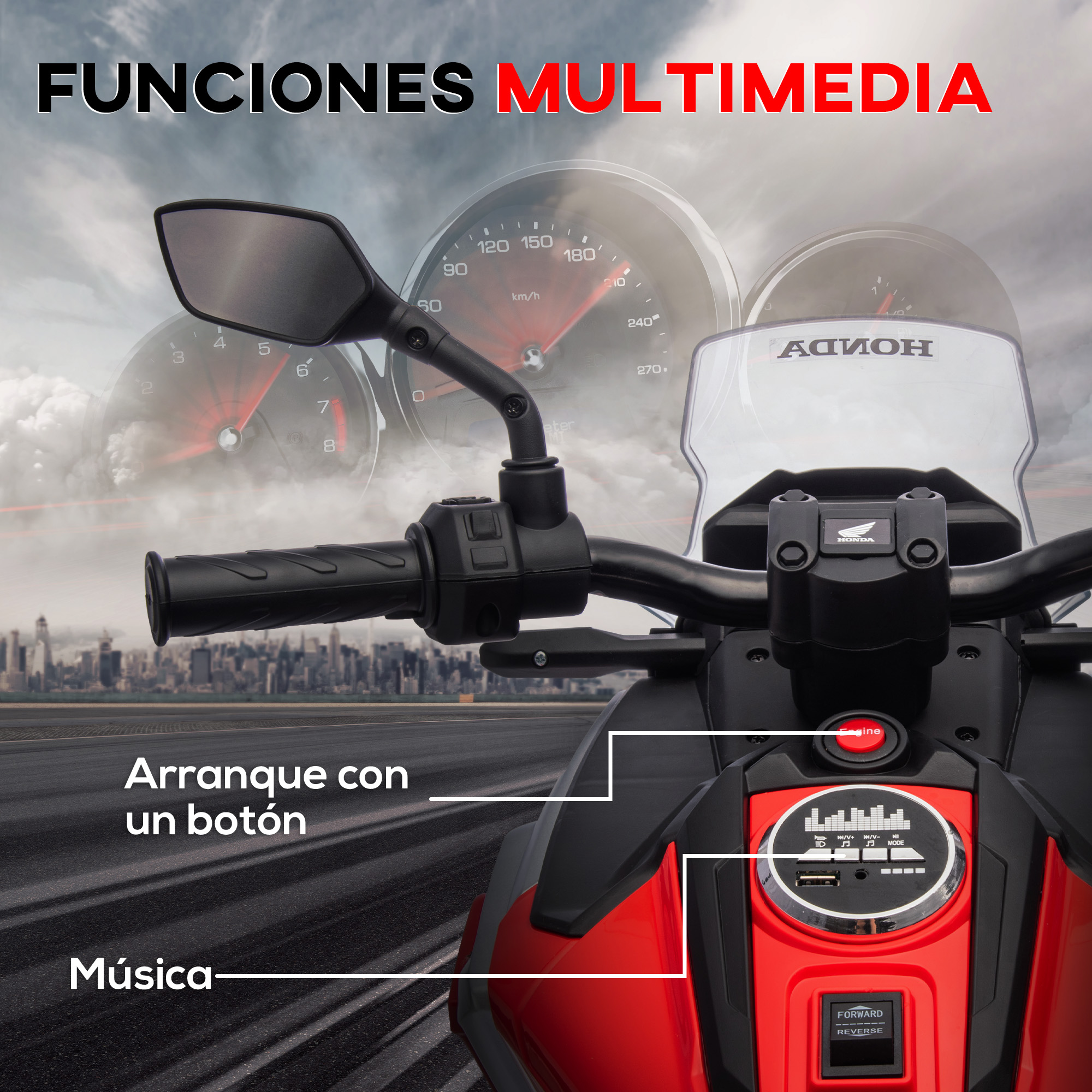 Moto de juguete roja con tablero, indicadores y parabrisas. Texto en español visible.